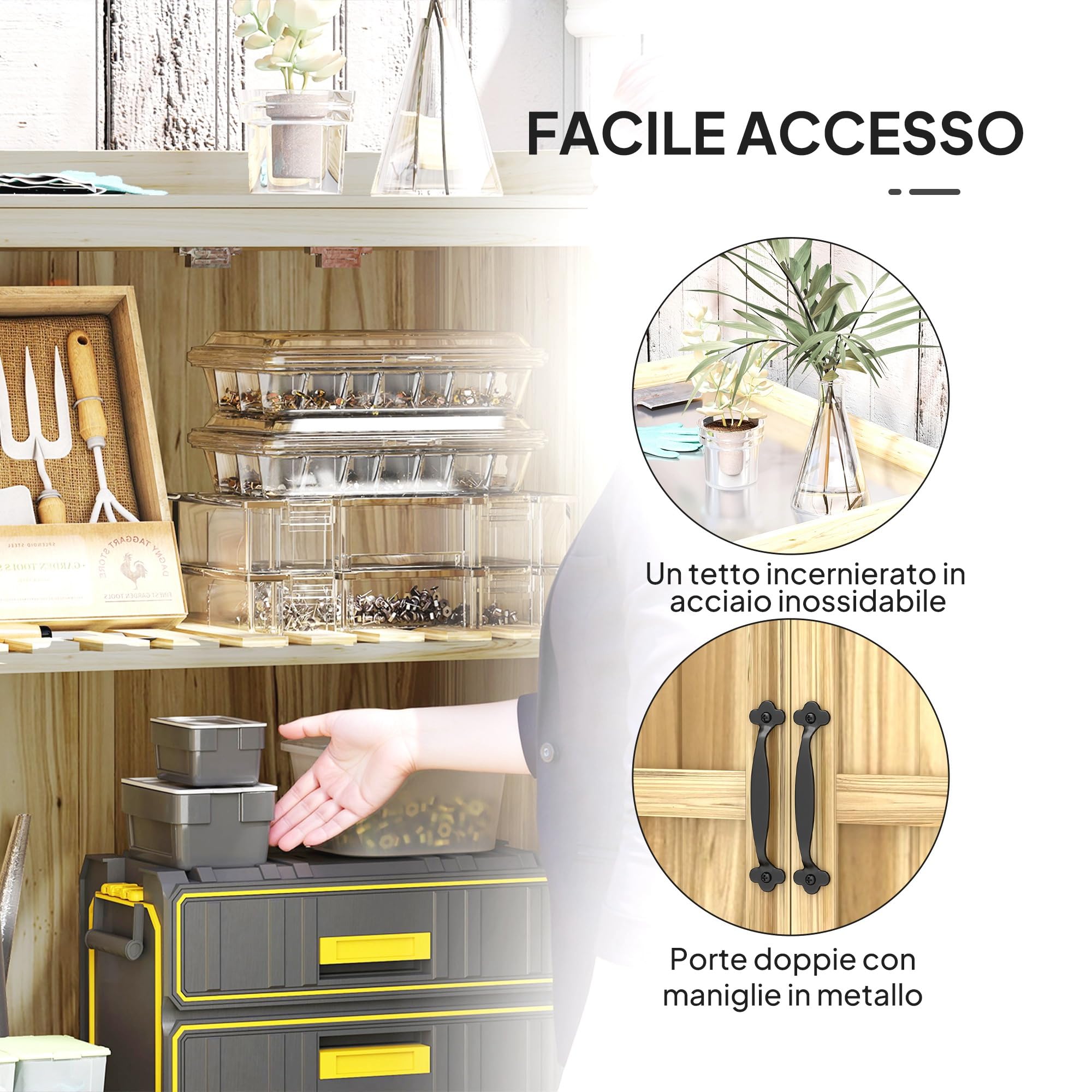 Outsunny Armadio da Giardino in Legno di Abete 74x43x88 cm Color Legno | Casetta Porta Attrezzi da Esterno, 2 Ante Bloccabili, Piano in Metallo, Mensola, per Giardino Patio Prato