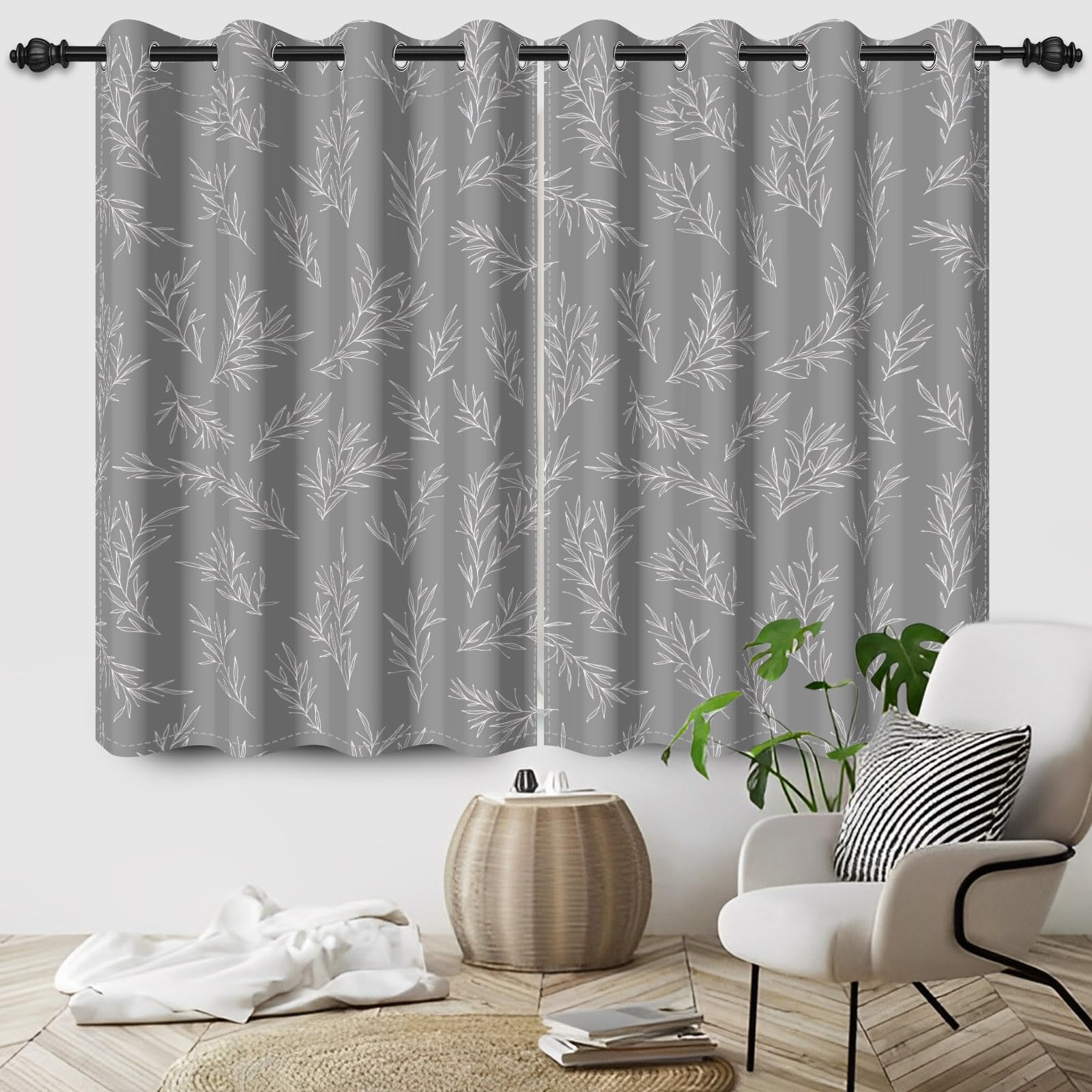 Rideaux occultants gris motif feuilles branches pour réduction bruit chambre