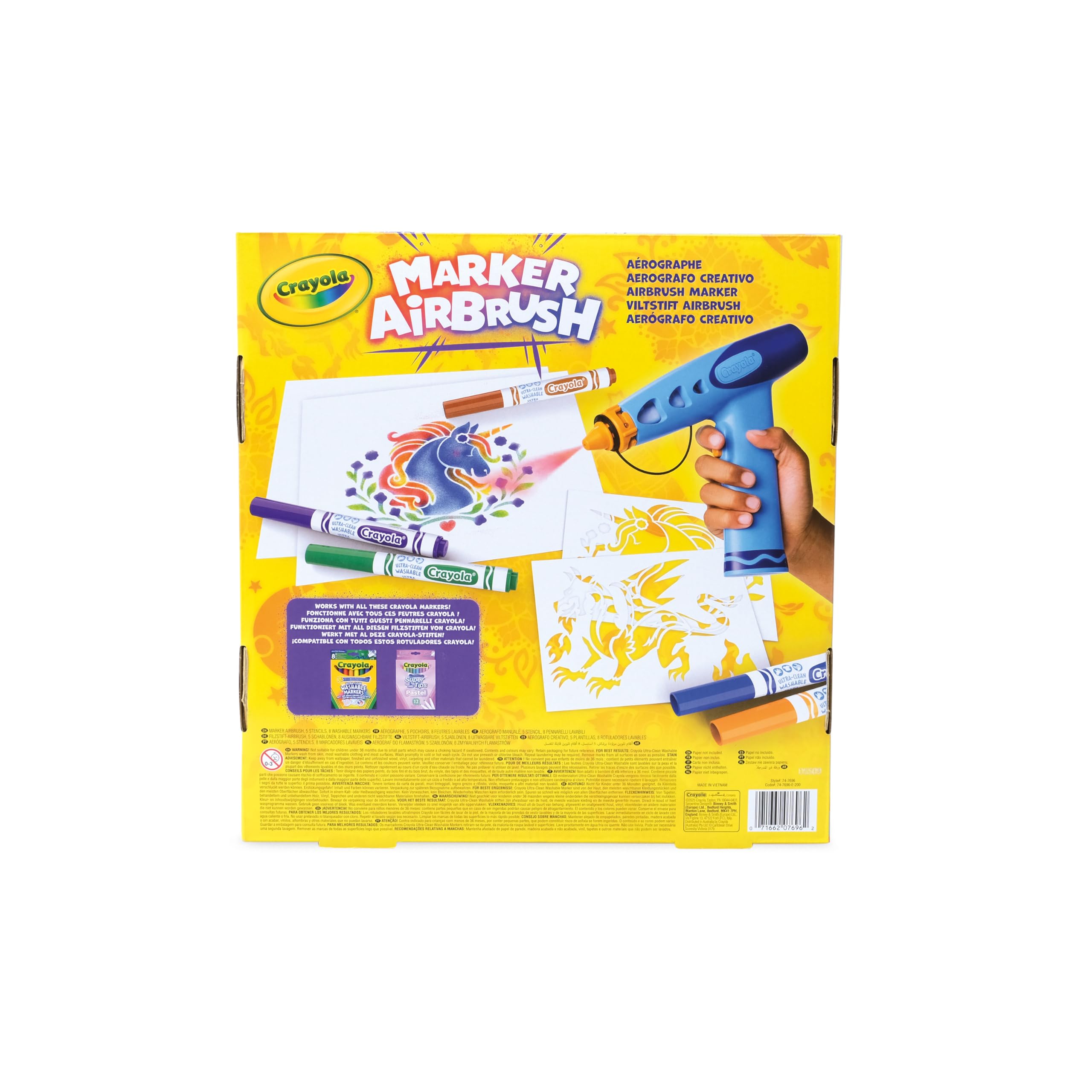 CRAYOLA Marker Airbrush – Aerógrafo Creativo para niños con 8 rotuladores Lavables y 5 Plantillas – Juguete Educativo para Actividades artísticas, a Partir de 6 años, 74-7696
