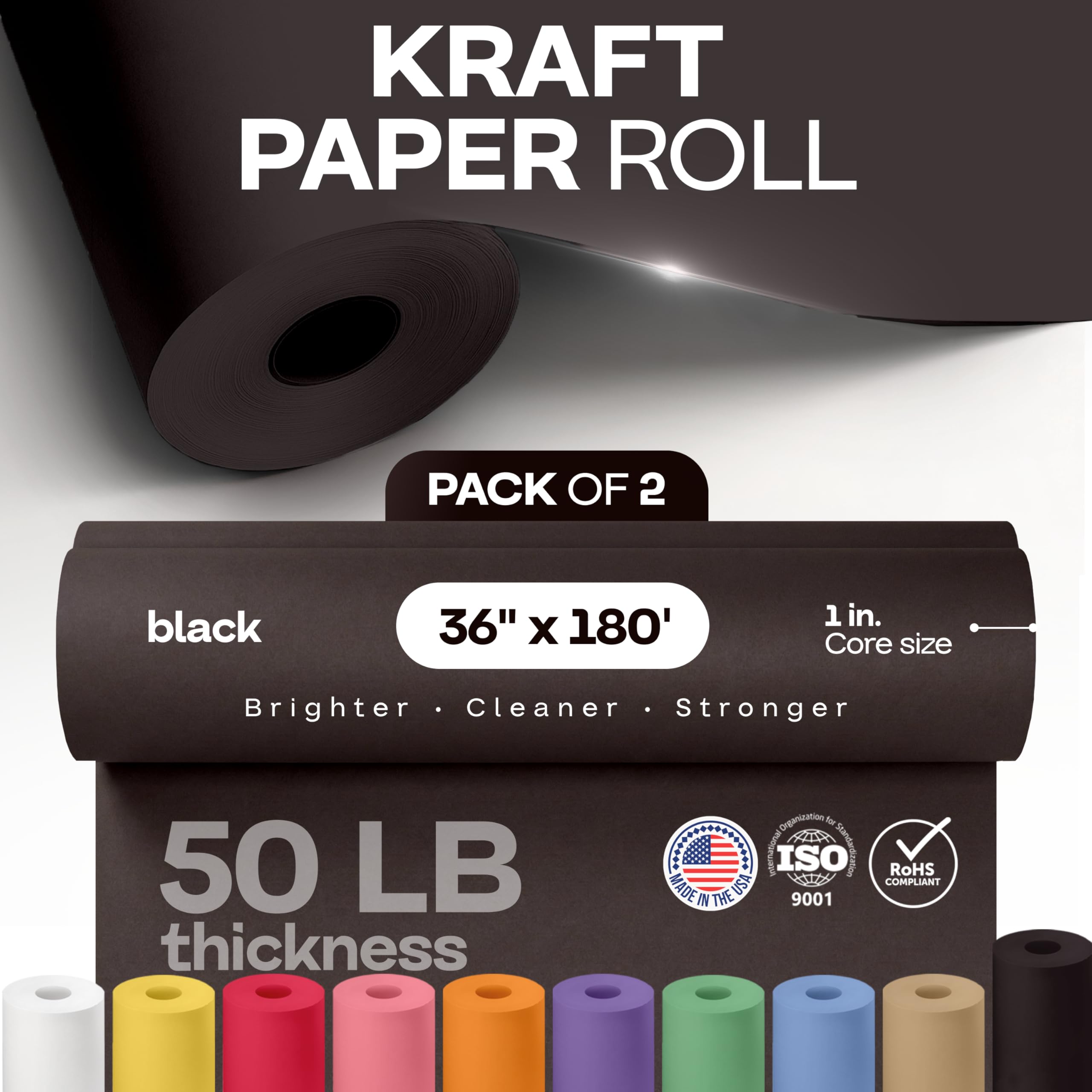 Schwarze Kraftpapierrollen, 91,4 x 5,486,4 cm, 2 Stück – in den USA hergestelltes schwarzes Papier, 22,7 kg Dicke für Verpackung, Versand, Handwerk/Kunst – 100 % recycelbares natürliches