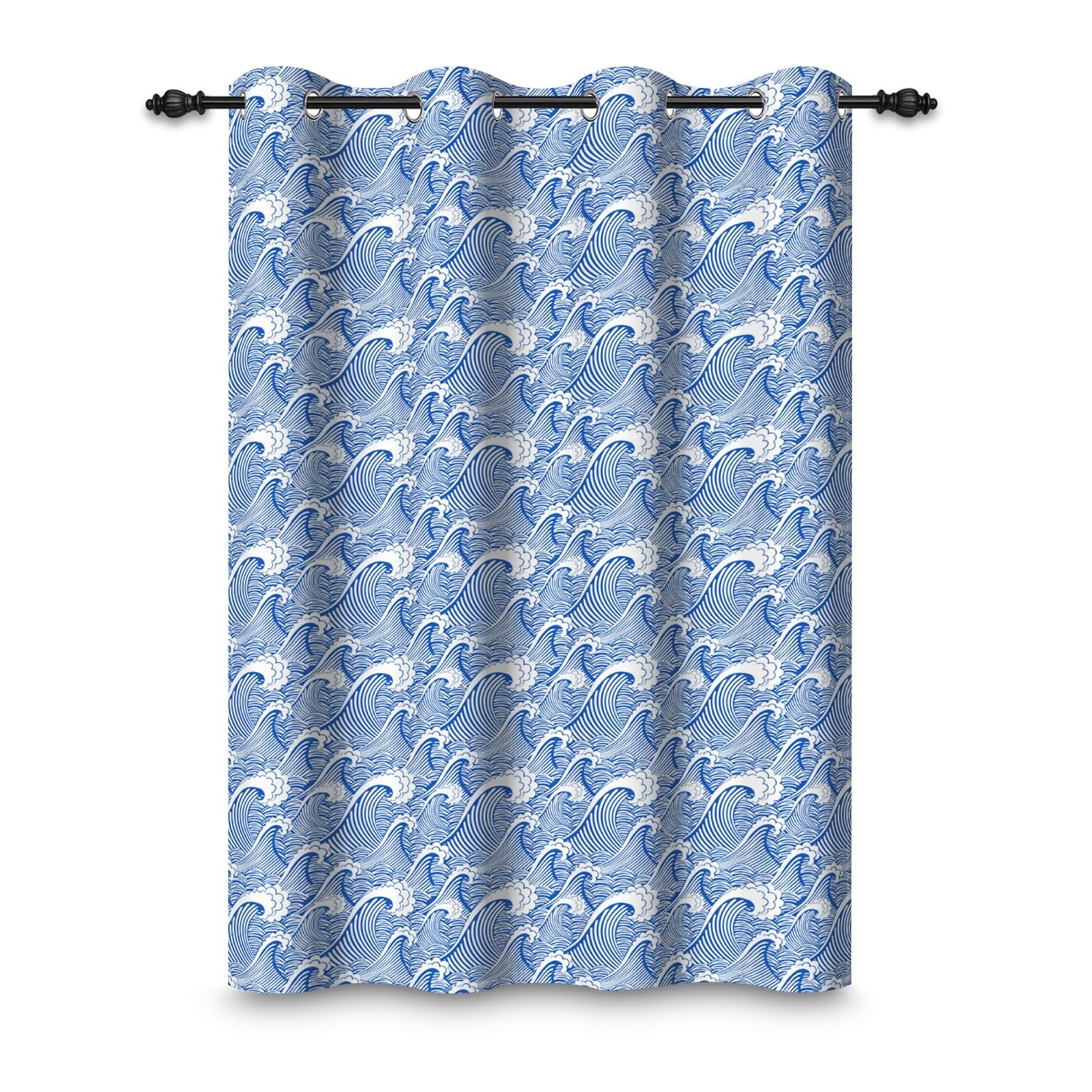 ggaimwf 135x229cm Wave Eyelet Curtain Japanese Geometric Blue Ocean Painting Thermal Insulated Blackout Grommet Window Drapes for Living Room Bedroom Kitchen,1-Single Panel