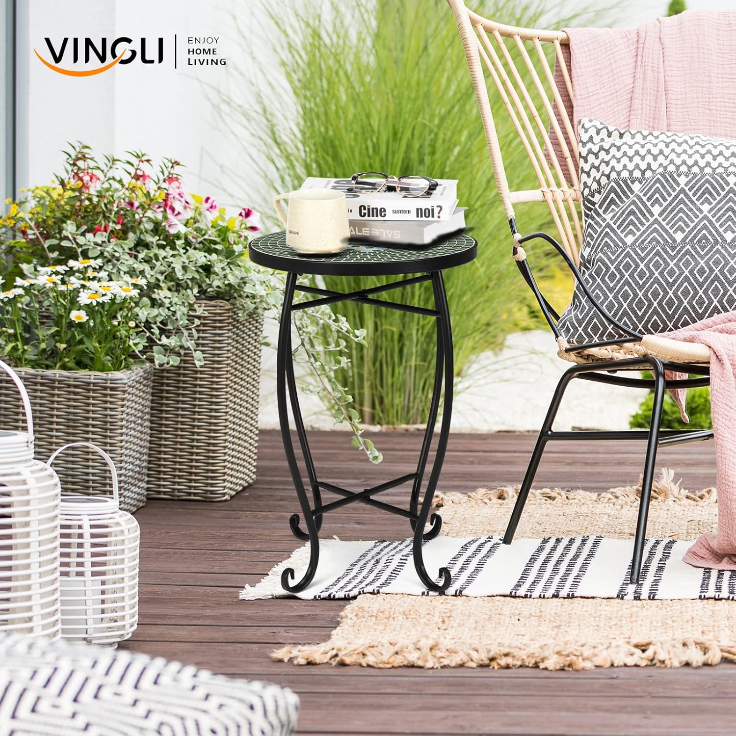 VINGLI Mosaic Print Accent Table, 14" Round Side Table,End Table, Plant Stand Decor for Patio Porch Balcony Back Deck Pool Indoor Outdoor Coffee, Metal Cobalt Glass Top Black Iron(Green Garden)