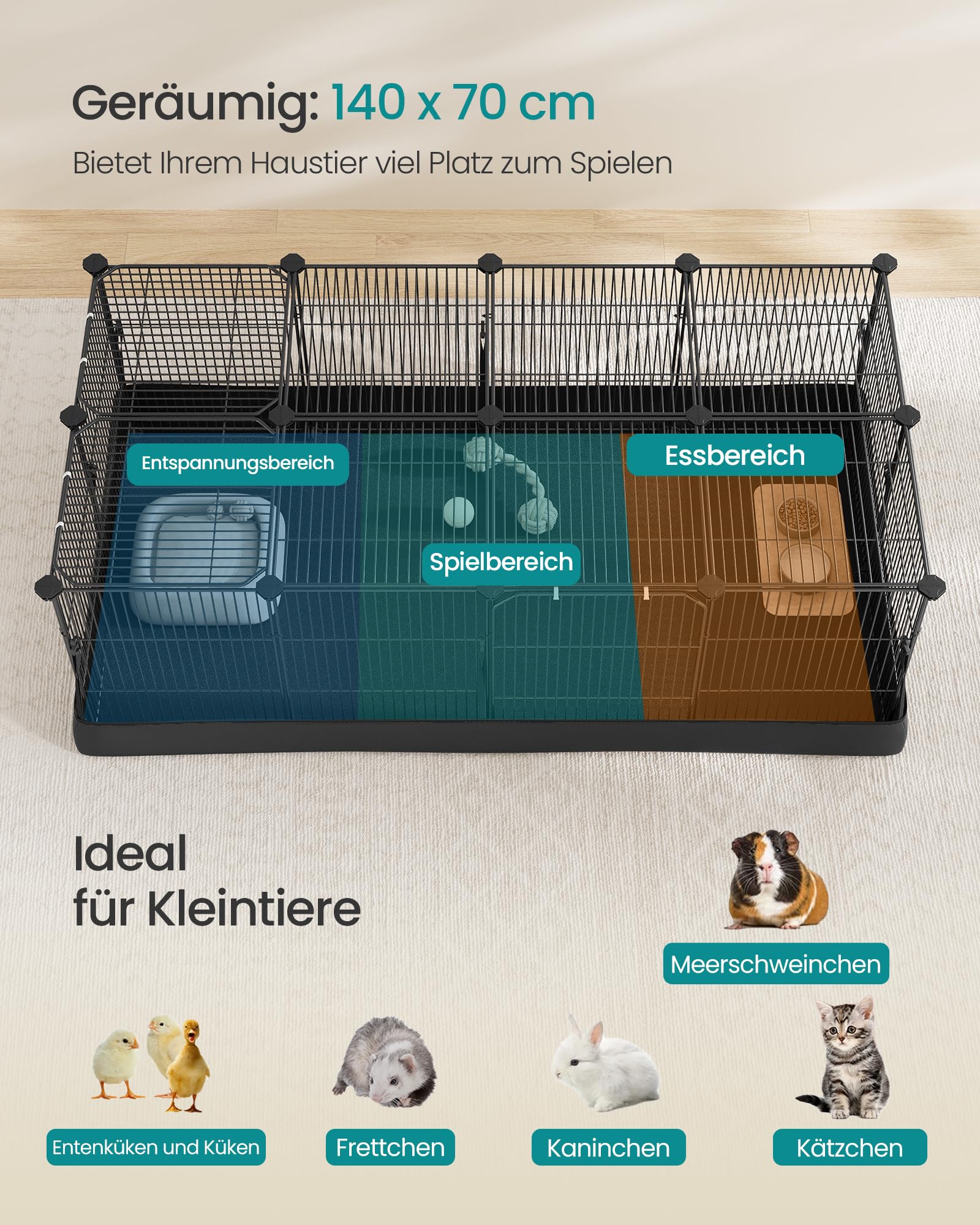 SONGMICS Kleintiergehege, 3 Türen, 20 Platten, 140 x 70 x 55 cm