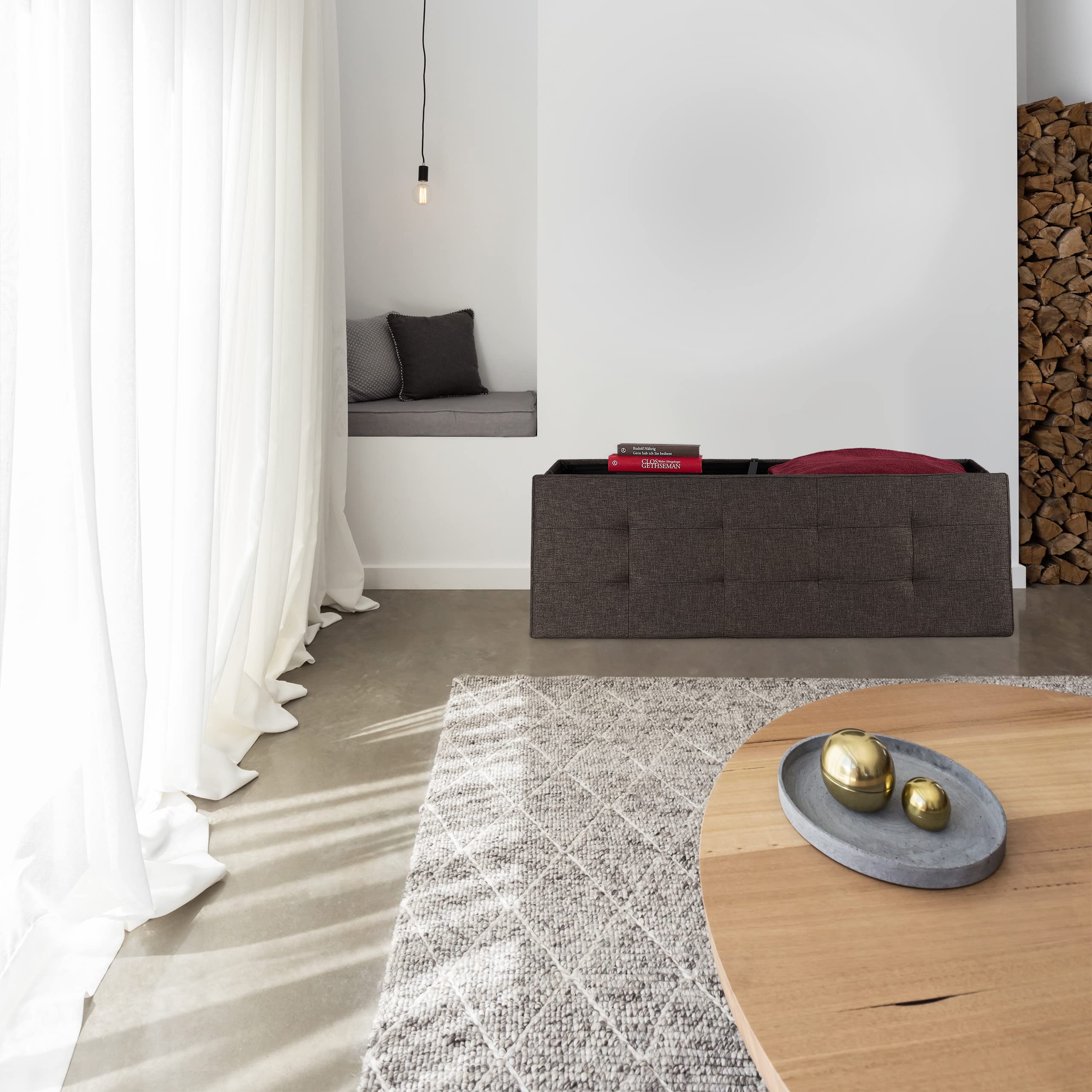 Relaxdays Baúl Almacenamiento con Divisor, Banco Puff Almacenaje, Tela-DM, 120 L, 1 Ud., 38,5 x 110 x 37,5 cm, Marrón