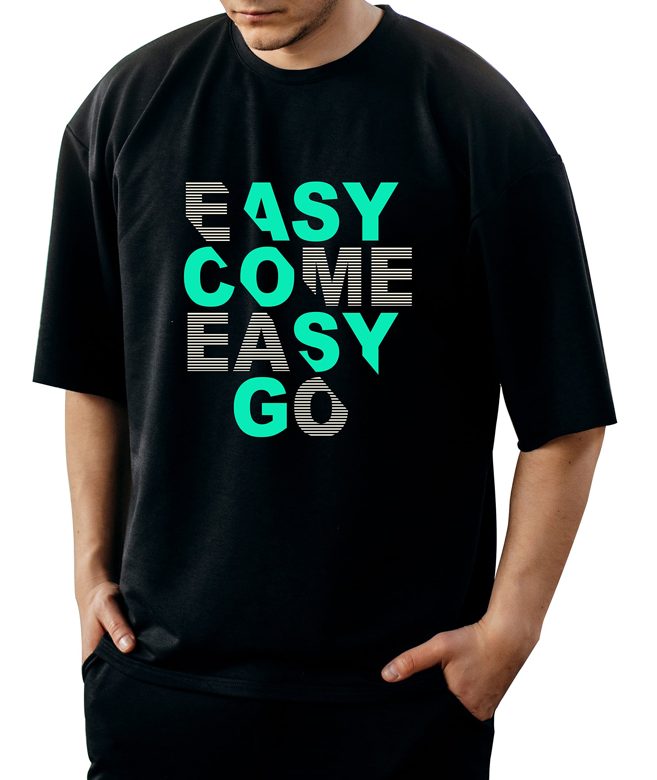 TEES TRIBE Men's Pure Cotton Oversized T-Shirts,Drop Off Shoulder with Graphic Printed and Half Sleeves Comfy and Stylish T-Shirt for Men,Boys (Black) Easy Come Easy GO