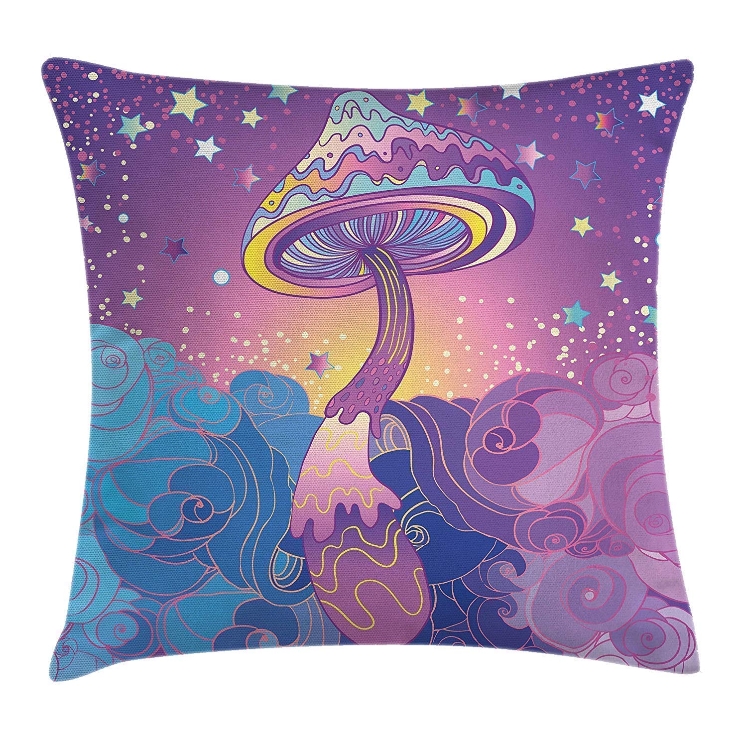 HQSL Mushroom Throw Pillow Cushion Cover, Magic Mushrooms Psychedelic Hallucination Vibrant 60's Style Hippie, Decorative Square Pillow Case, 18 X 18 Inches, Purple Light Blue Yellow