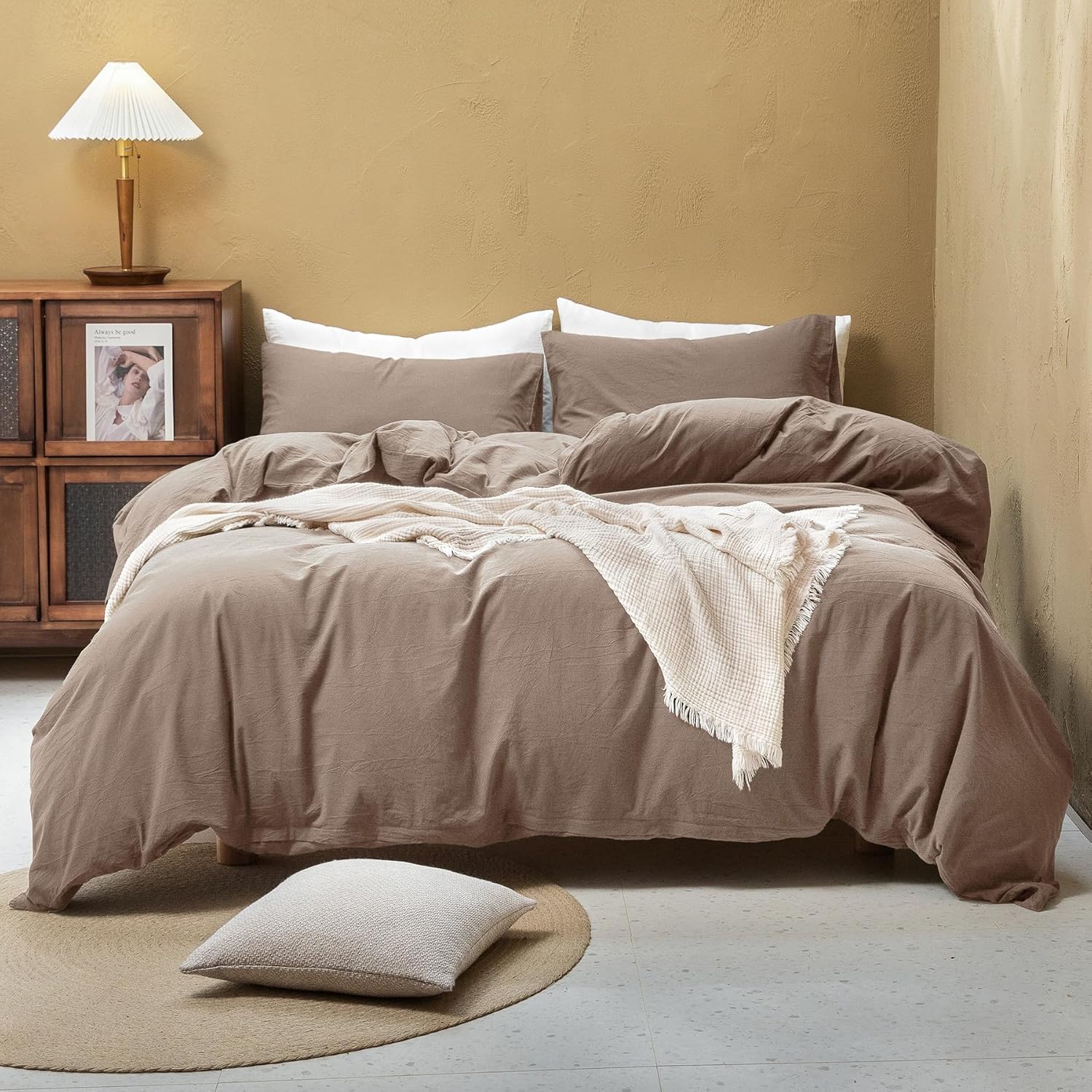 FOSSA Duvet Cover Set 100% Washed Cotton Linen Feel Super Soft Breathable Cozy 3 Pieces Bedding Sets Solid Pale Brown Super King Plus