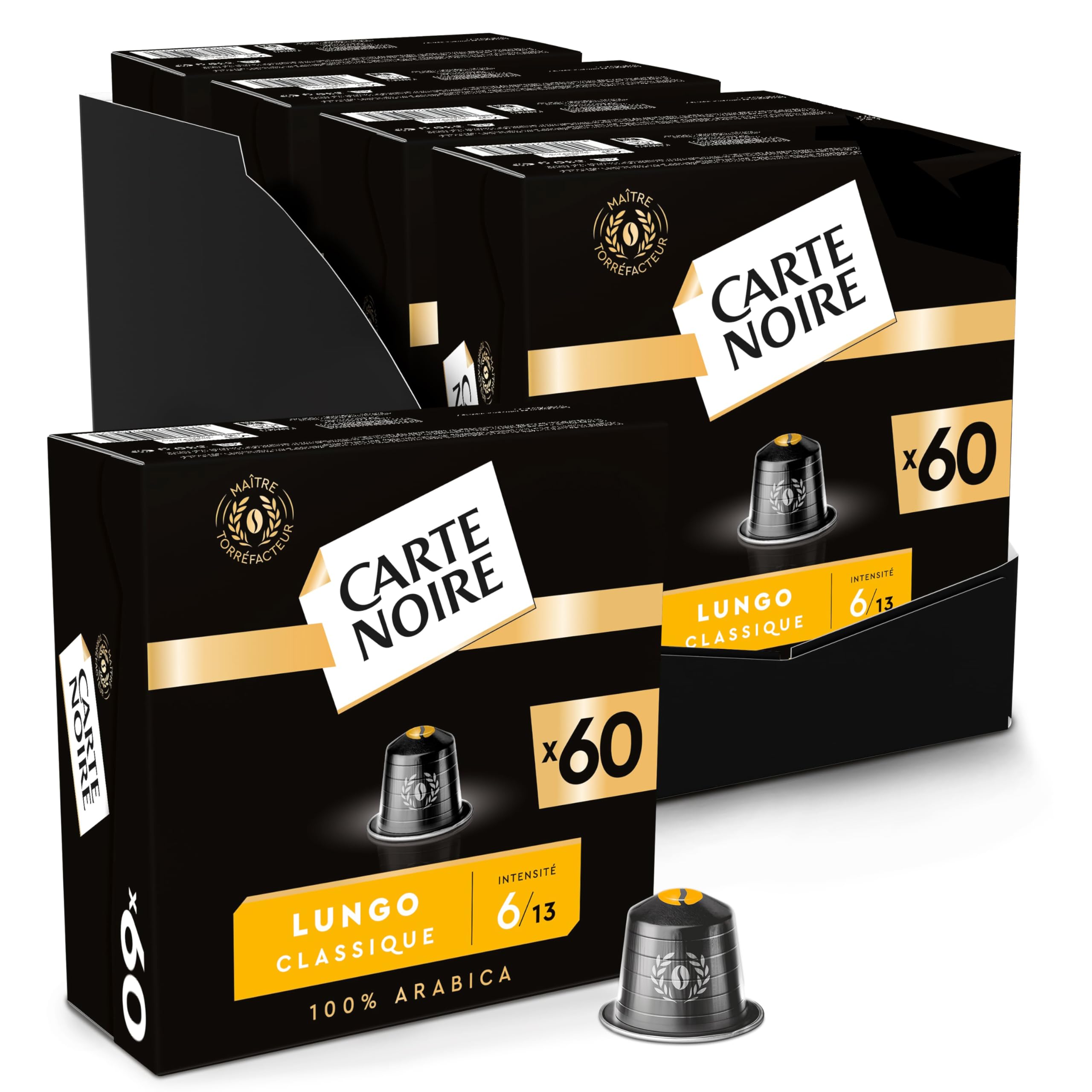 CARTE NOIRE - Capsules de Café Espresso Lungo N°6 Compatibles Nespresso® - Café Arabica - Lot de 4 x 60 Capsules Aluminium - Fabriqué en France