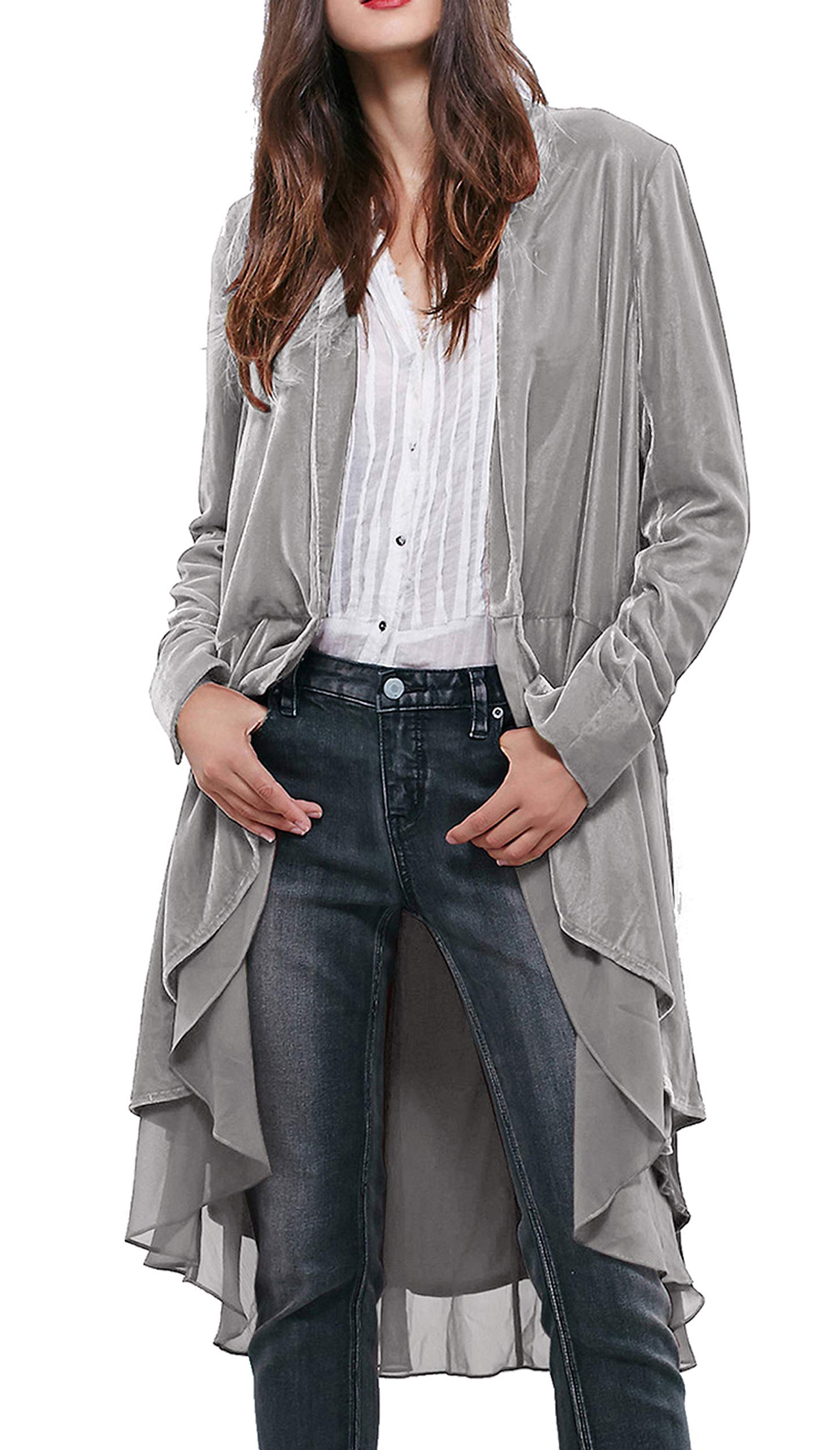 R.Vivimos Autumn Winter Women Velvet Ruffle Coat Casual Vintage Long Jacket Collarless Classic Swallowtail Hem Blazer(XLarge,Silver)