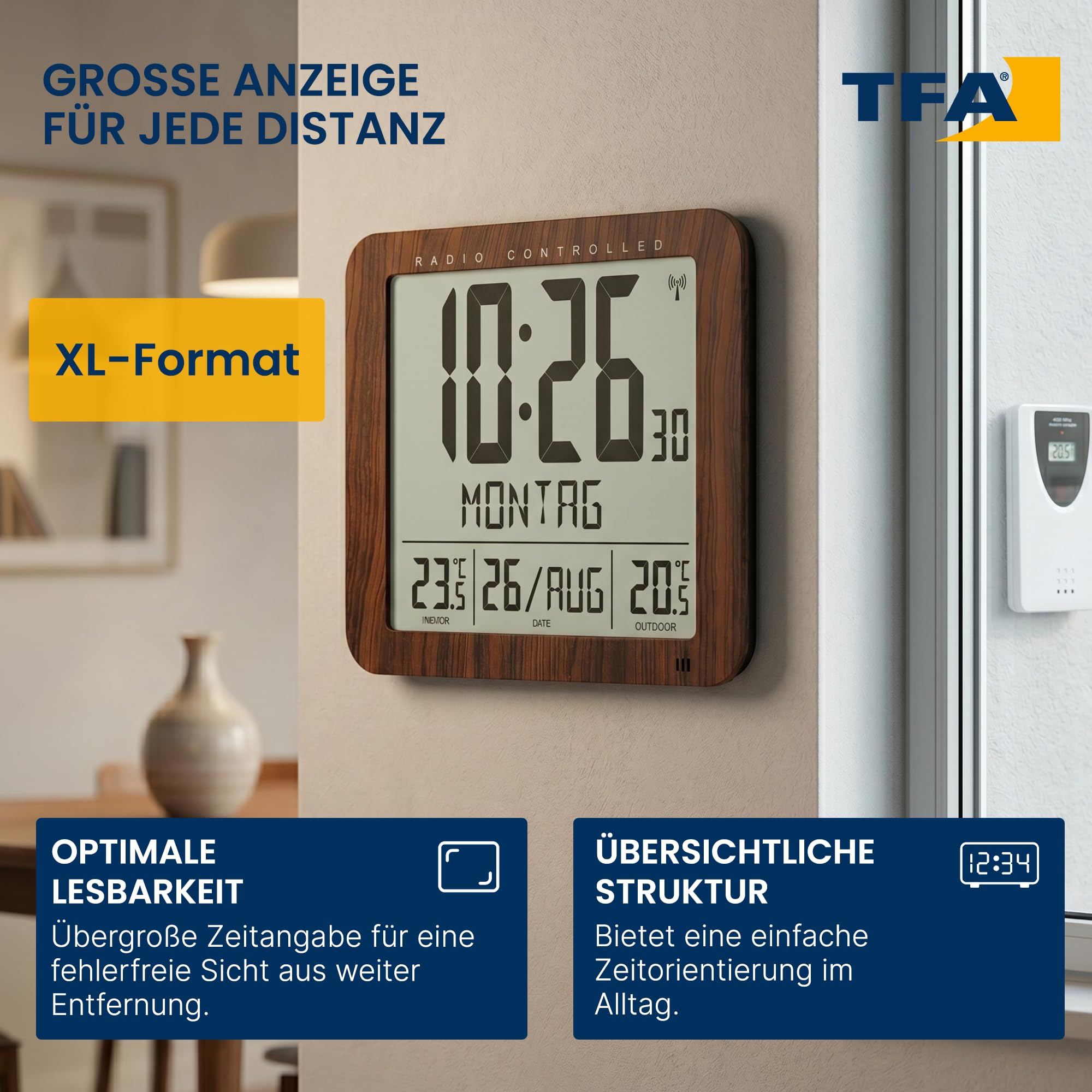 TFA Dostmann Digitale Wanduhr mit Holz Optik, 60.4518.08, inkl Funkuhr mit Außensender, Innen- und Aussentemperatur, gut ablesbar, mit Datum und Wochentag, für Wohnzimmer oder Küche geeignet, braun
