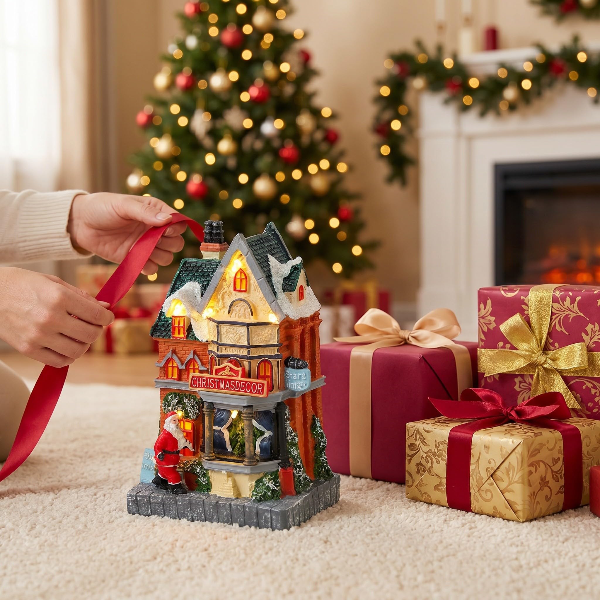 INOOMP Statuetta di casa di Babbo Natale a LED - Piccola casa illuminata per Villaggio Natalizio - Mini Decorativa in Resina per Scena Natalizia, Ideale per Feste e Decorazioni da Tavolo.