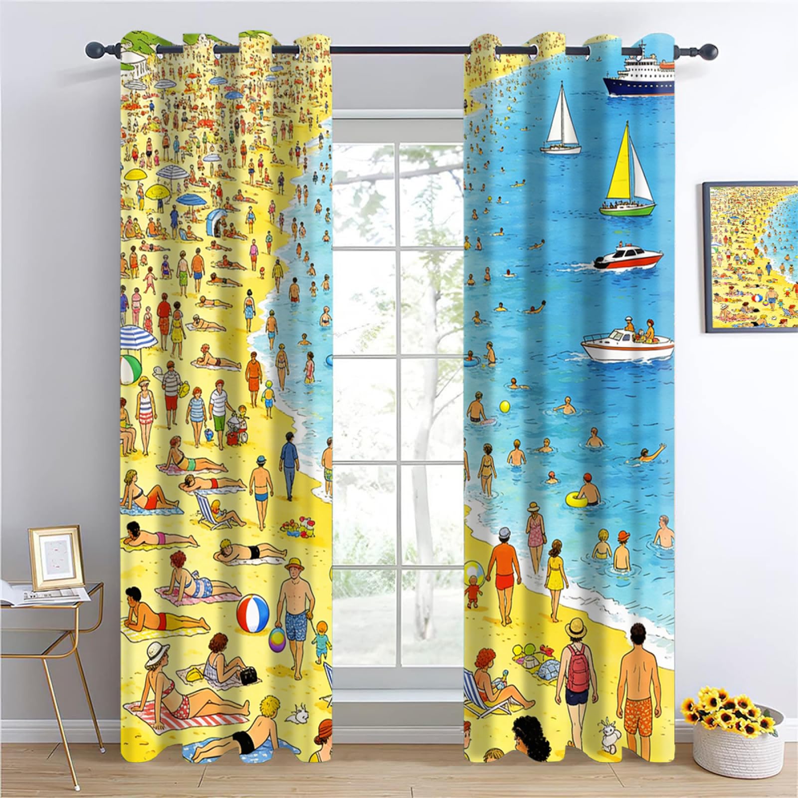 YNIOFU beach Thermal Insulated Drape, Cartoon Beach Ring Top Blackout Curtains, Happy Beach Drapes W60 x L140cm 2 Panels, Illustration style Eyelet Darkening Curtain for Boys Girl Bedroom