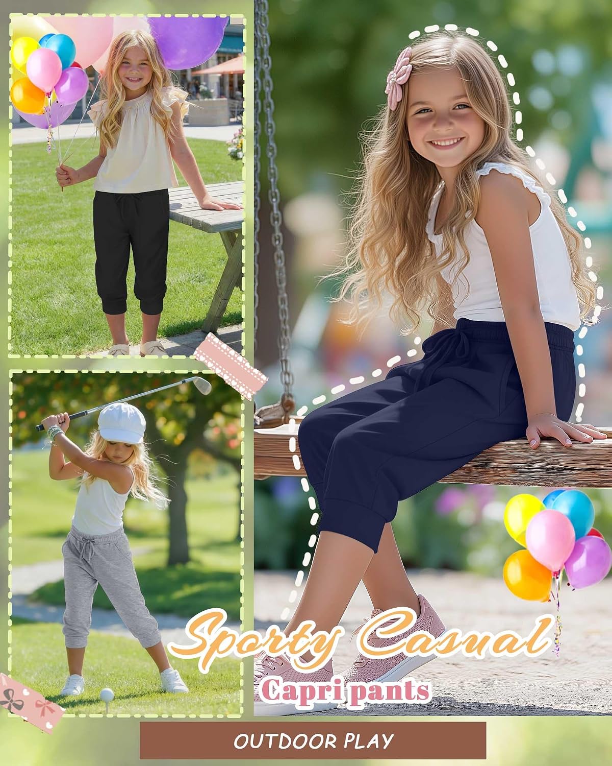 3 Pack Girls Capri Joggers Casual Teen Drawstring Cropped Sweatpants Summer Kids 3/4 Pants with Pocket(Navy Blue, Light Gray, Black,13-14 Years)