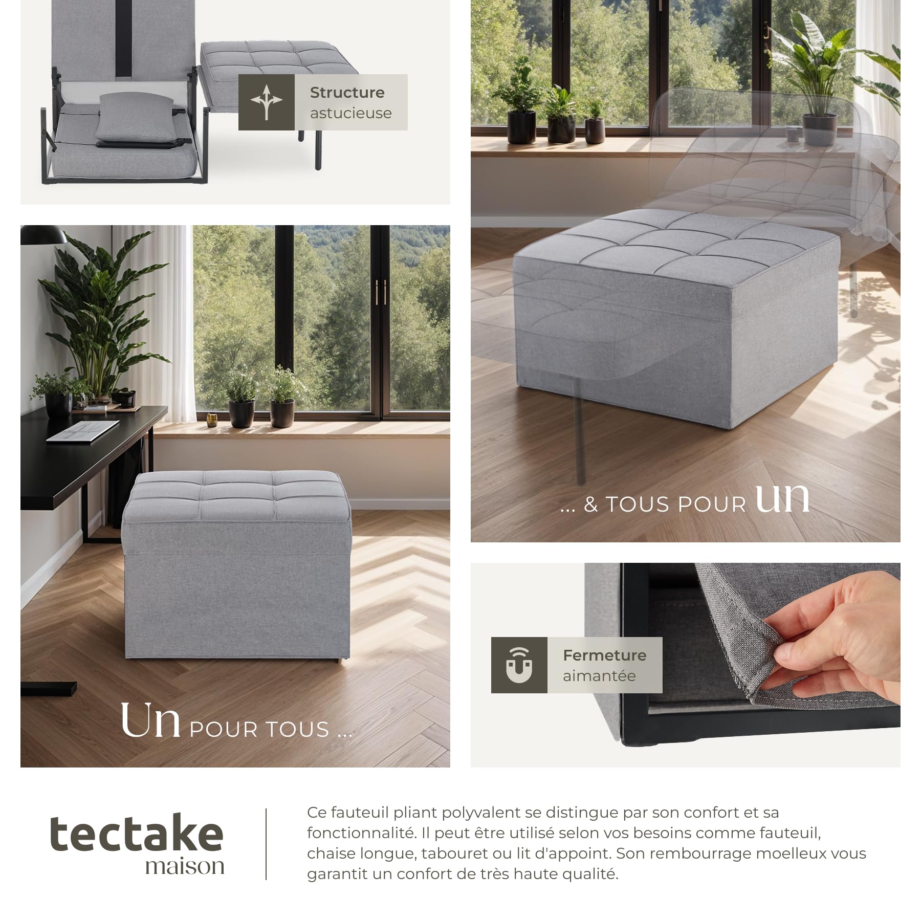 tectake® Tabouret Repose Pied Pouf Salon modulable 4en1 Chaise Longue Fauteuil Lit 1 Personne jusqu'à 150 kg Design scandinave Cosy pour Coiffeuse, Salon, Chambre, Bureau