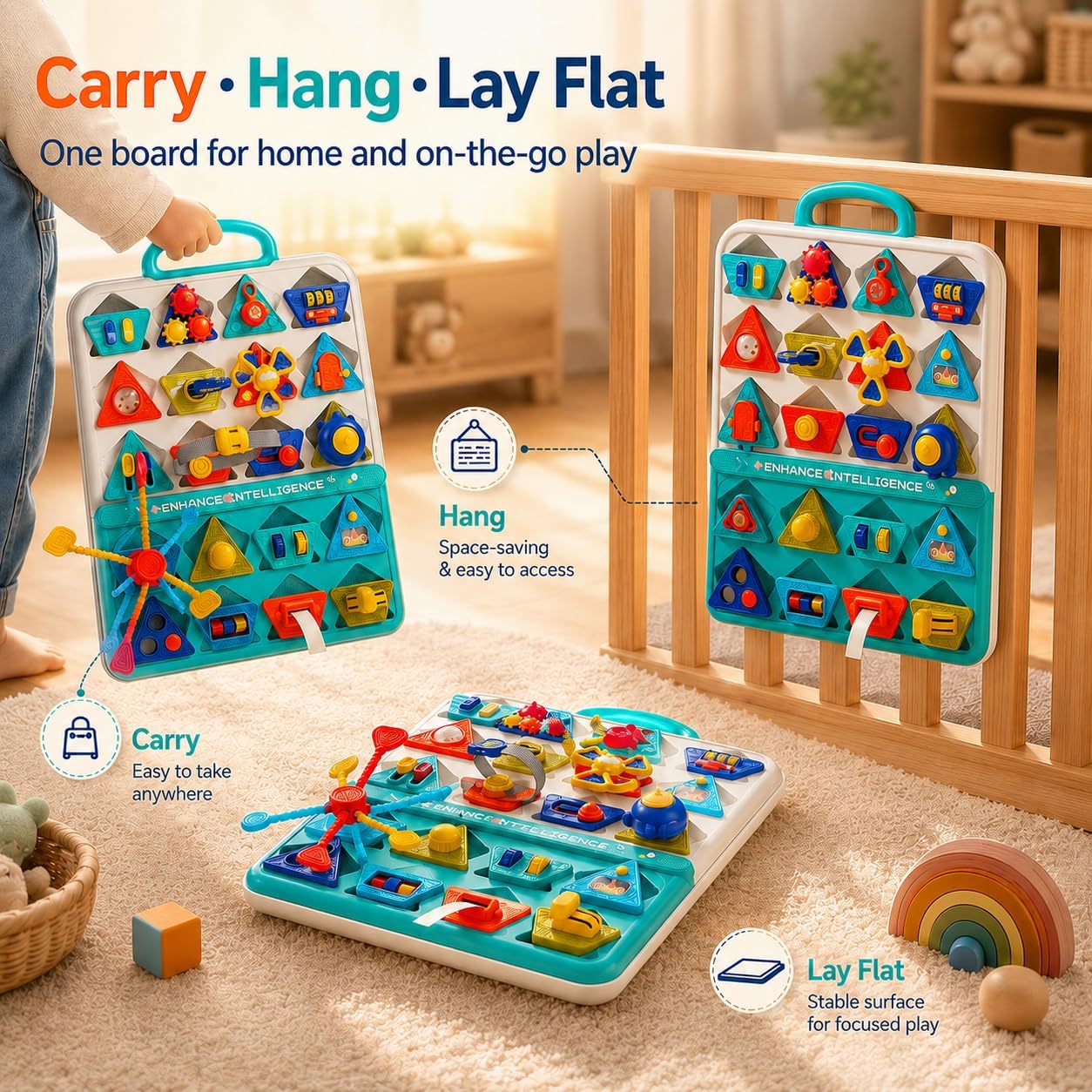 Montessori Detachable Busy Board for Toddlers, 20 Ways Sensory Activity Board, Fine Motor Shape Matching Puzzle, Portable Early Learning Travel Toy Gift for 1-3 Year Old Boys Girls