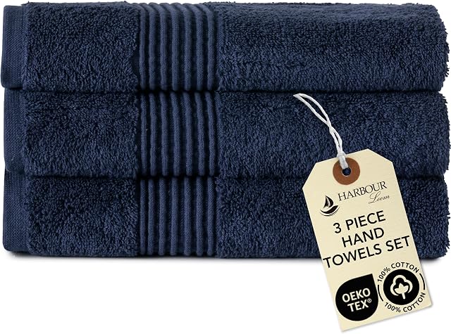 Harbourloom Boulevard Series Luxury Hand Towel Set - 3 Pack of Soft 600 GSM 100% Turkish Cotton Towels for Bathroom, Absorbent Guest Towels, 16x28 Inches Bathroom Towels Hotel Spa Quality (Azure Blue)