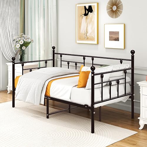 Miniatura 6 de Juego de cama corrediza y marco de metal de alta calidad con listones de acero de primera calidad, sofá cama y sofá cama enrollable (marrón,