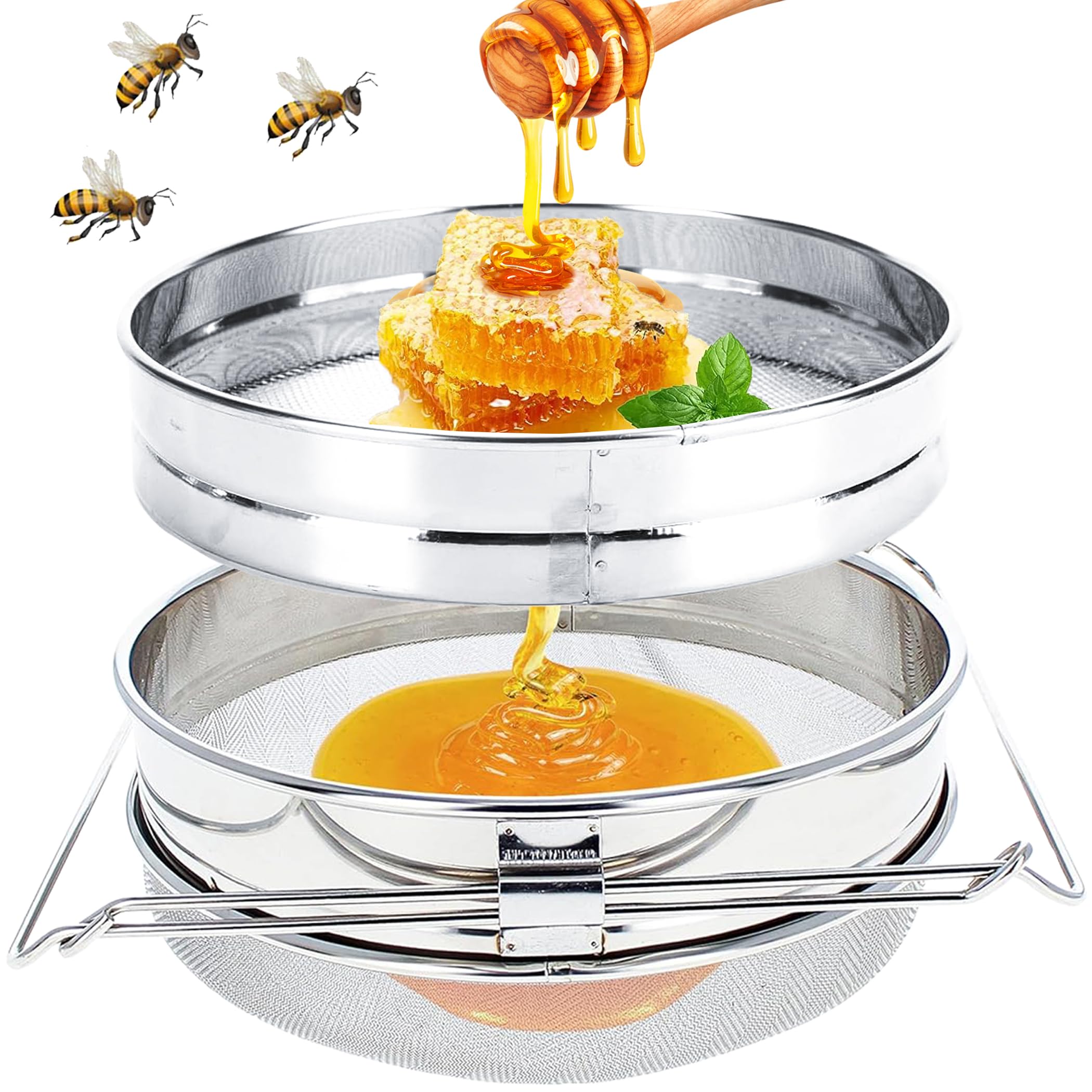 ZONSUSEStainless Steel Honey Strainer, Double Sieve Mesh Filter, Bee Keeping Extract Tools with Adjustable Handles, Beekeeping Equipment, Harvest, and Extract Honey, Ideal for Beekeepers