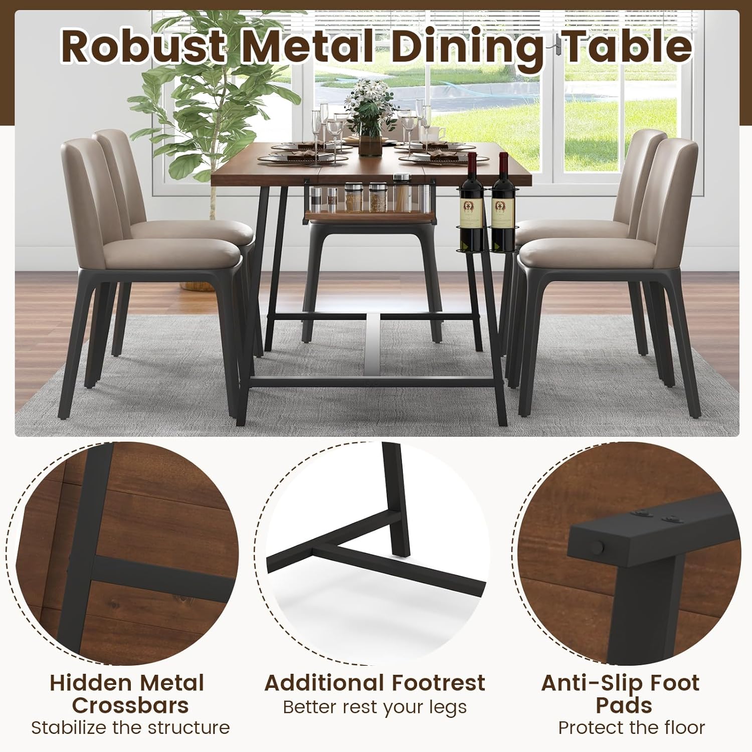 Giantex 72-Inch Rectangular Dining Table with 2-Bottle Wine Rack, Condiment Holder & Metal Footrest, Industrial Oversized Dinette Table for 5-7 Family Gathering Kitchen Dinner