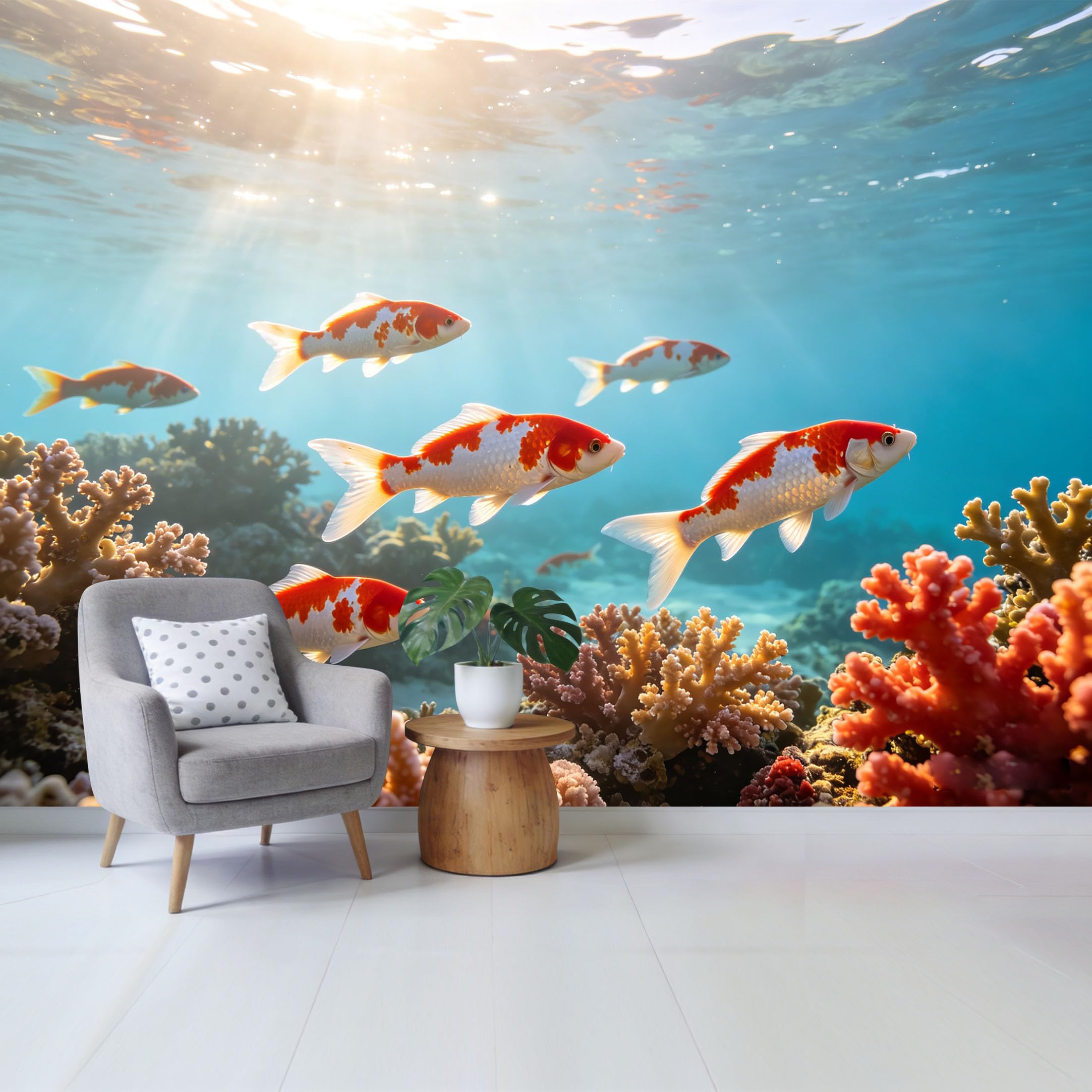 Qzlithotic Yq2605250144 Custom Size Wall Mural Tropical Ocean Koi Fish Swimming Underwater Coral Reef Marine Landscape Selfadhesive Wall Fabric Removable Wallpaper For Home Office Decor
