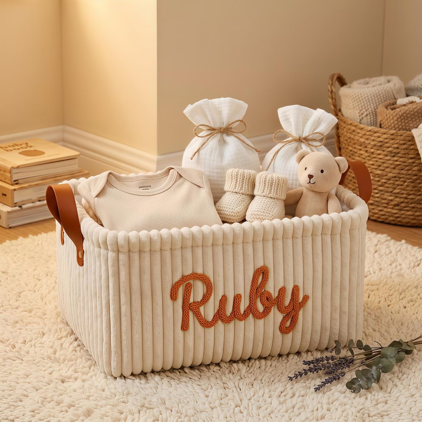 Personalized Newborn Gift Basket, Custom Name Corduroy Baby Storage Bin, Nursery Organizer Box, Keepsake Gift For Expecting Mother, Baby Shower(Beige)