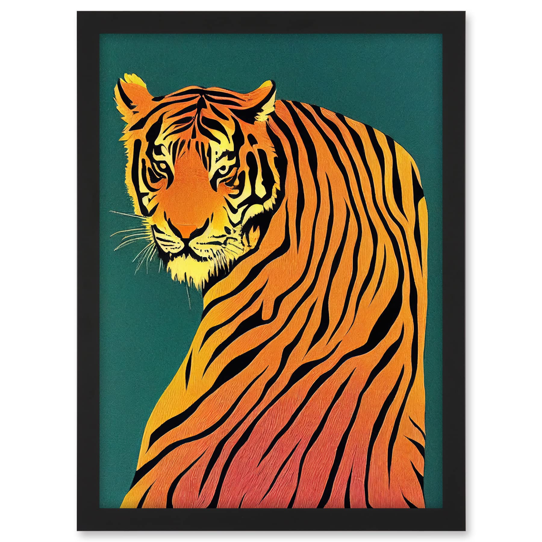 Wee Blue Coo Modern Tiger Portrait on Teal Orange Bold Artwork Framed A3 Wall Art Print