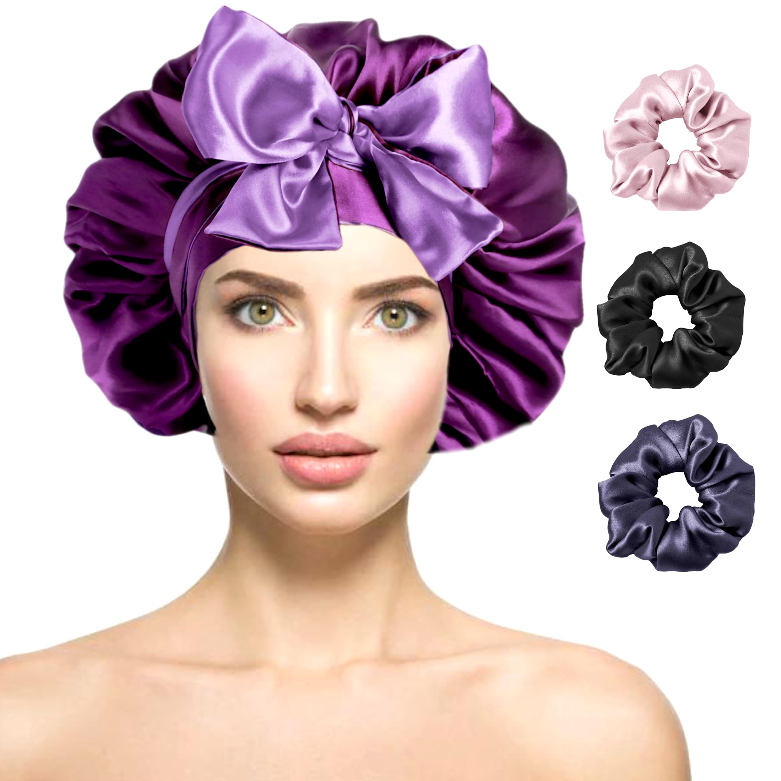 Attune� Satin Silk Bonnet for Hair with 3 Premium Scrunchies, Adjustable Cap with Ribbon Tie Band for All Hair Type, Satin Hair Wrap for Sleeping(Purple)-picture-33