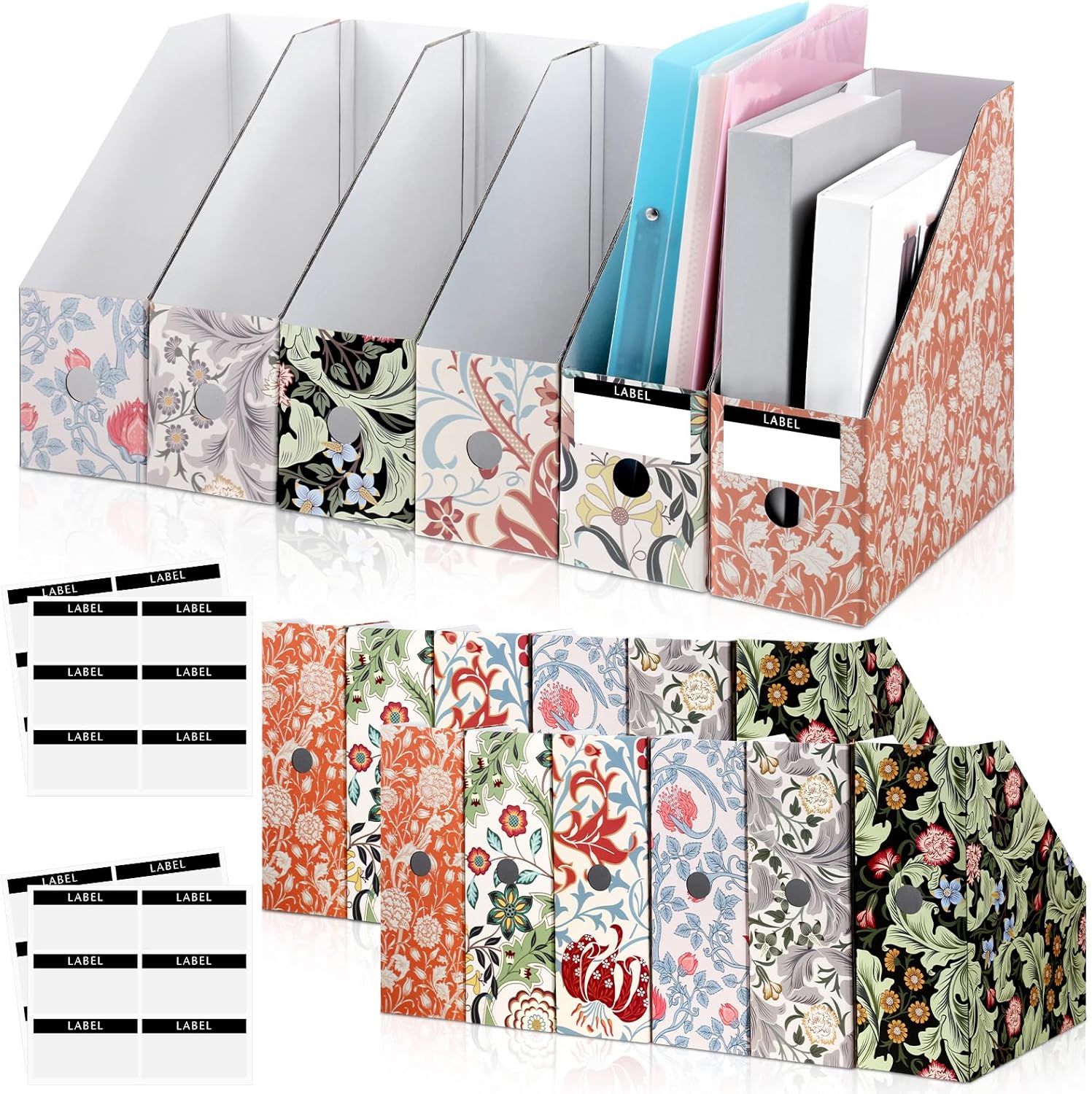 PerKoop 12 Pcs Decorative Magazine File Holders Floral Foldable File Folders Magazine Storage Boxes Rack Desk Organizer Documents with Printable Labels for School Office Home (Floral)