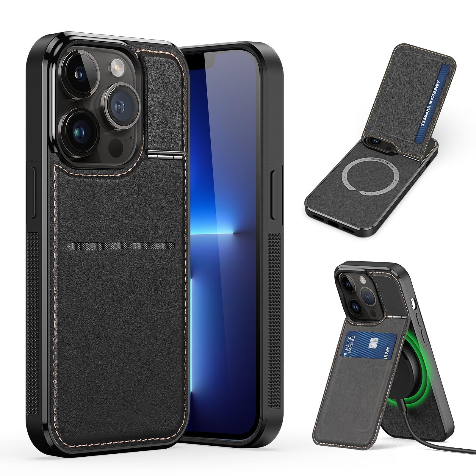 TERRIFI For iPhone15 Pro Max Case, Magnetic Phone Case with Kickstand and Credit Card Holder, 3 in1 Dual Card Protection Case, Leather Heavy Duty Protective Case Cover Funda (6.1", Black)
