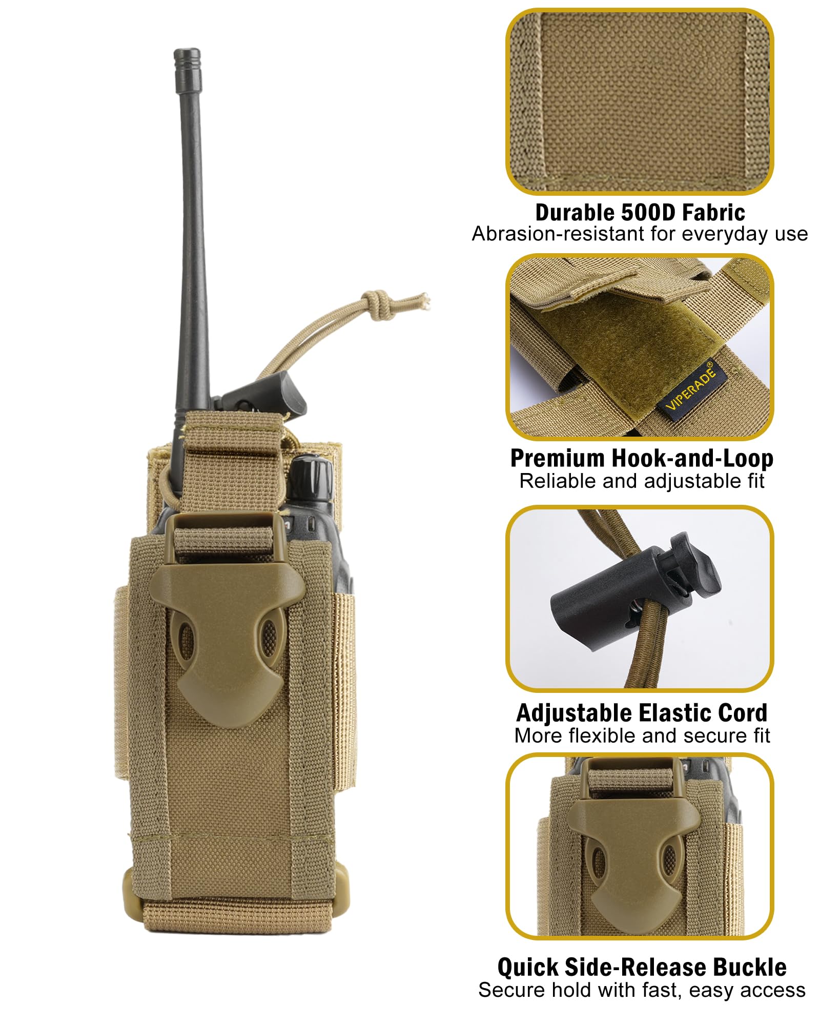 VIPERADE Bolsa para Walkie Talkie, Soporte para Radio MOLLE, Funda para Radio con Chaleco Ajustable, Funda para Radio con Soporte para Walkie Talkie, Bolsa para Radio Multifuncional -Caqui
