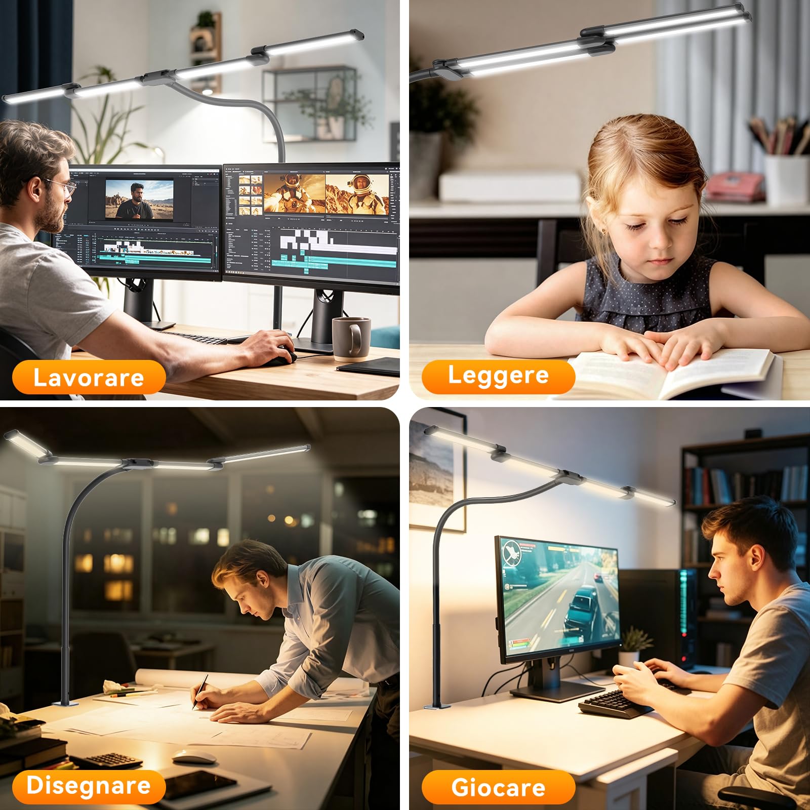 Lampada da Scrivania LED per Ufficio, 118 cm, 4 Barre Luminose, Lampada Scrivania con Morsetto – 24W 1960 lm Lampada da Tavolo a Collo di Cigno, 5 Colori e 10 Luminosità, Luce per Monitor PC