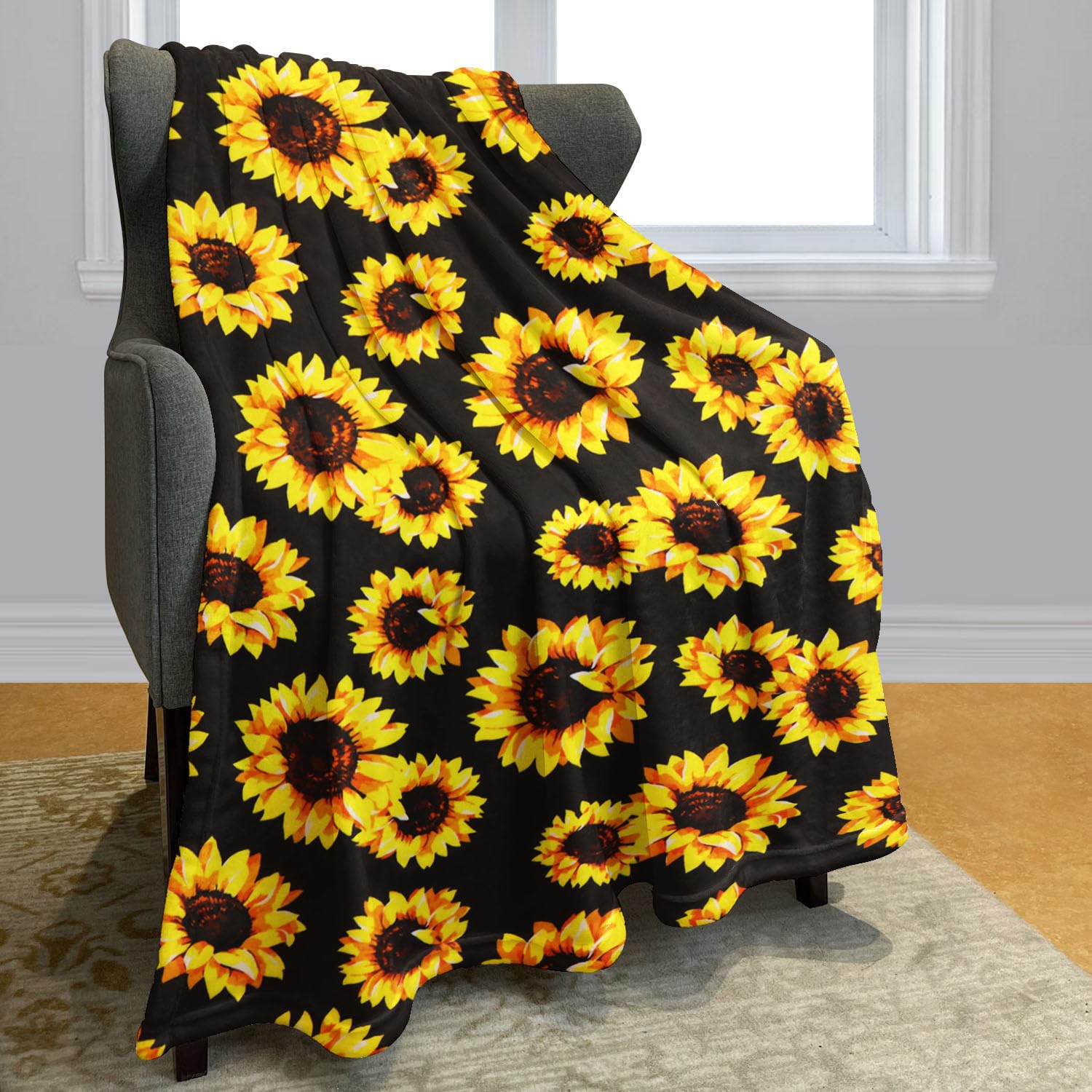 HommomHSunflower Blanket, 40"x50" Double Sided Print Soft Warm Reversible Throw Blanket for Women Girls Birthday, Black