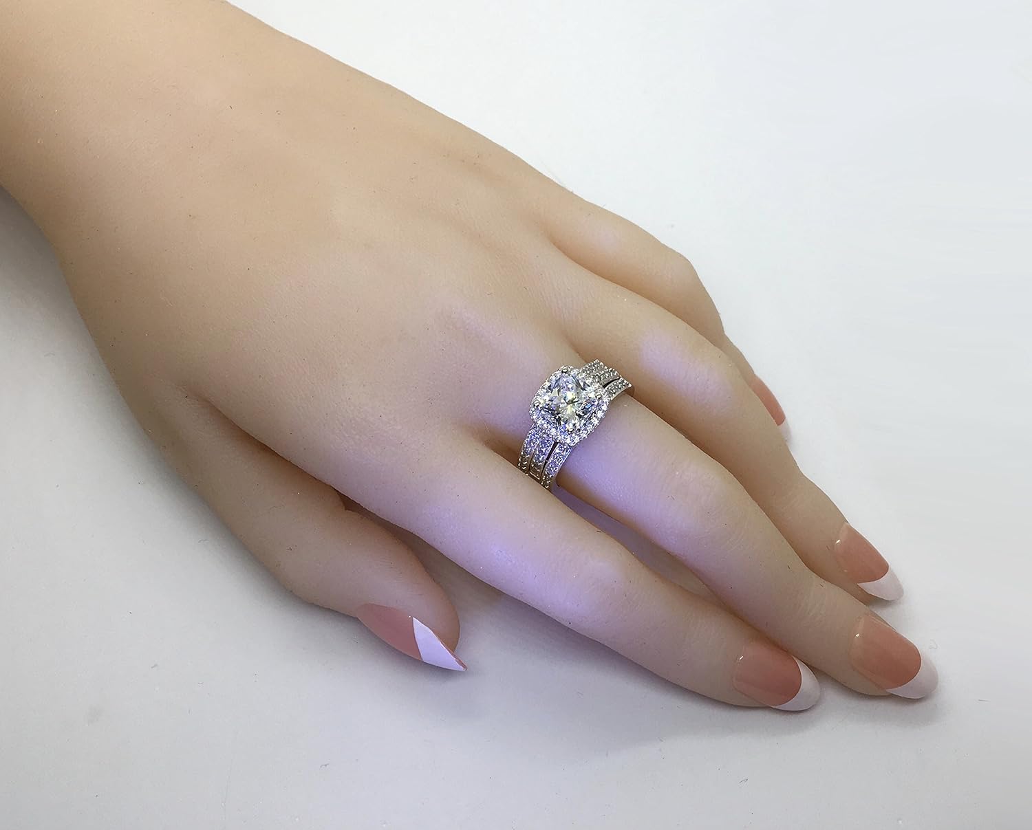 101 Facets 2 Carat Princess Cushion Cut NSCD Simulated Diamond Ring Double Band Set 925 Silver Platinum Plated Halo