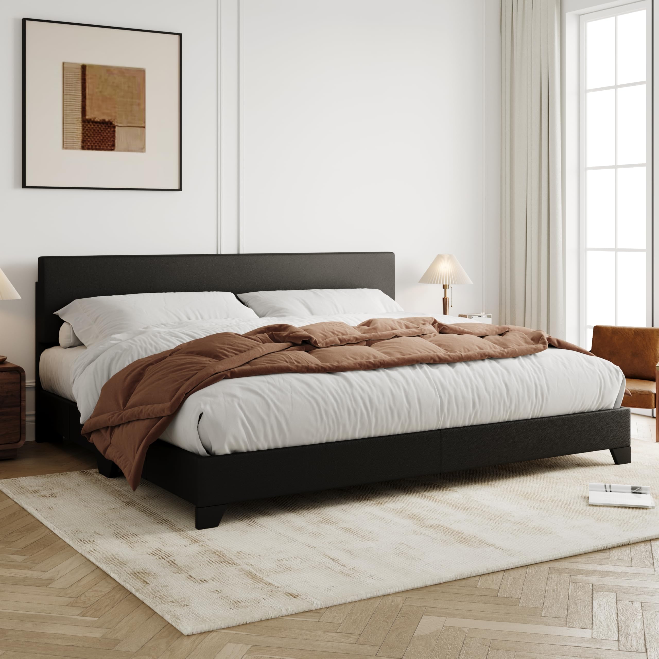 Allewie King Size Bed Frame with Adjustable Headboard Faux Leather Platform Bed with Wood Slats Heavy Duty Mattress