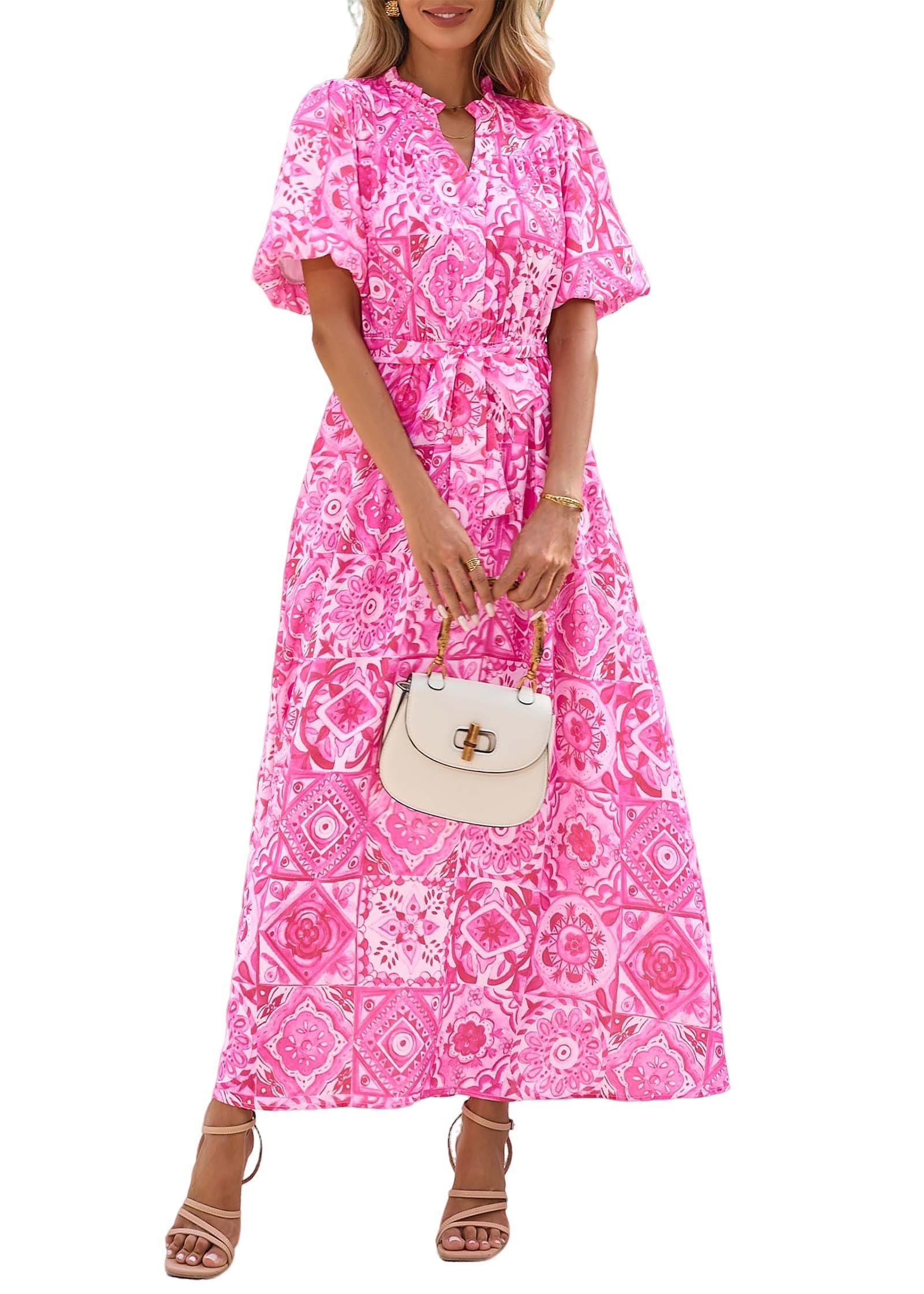 KIRUNDO Women Spring Summer Wedding Guest Boho Floral Maxi Dress Puff Sleeve Button Shirt V Neck Flowy Beach Vacation Dress