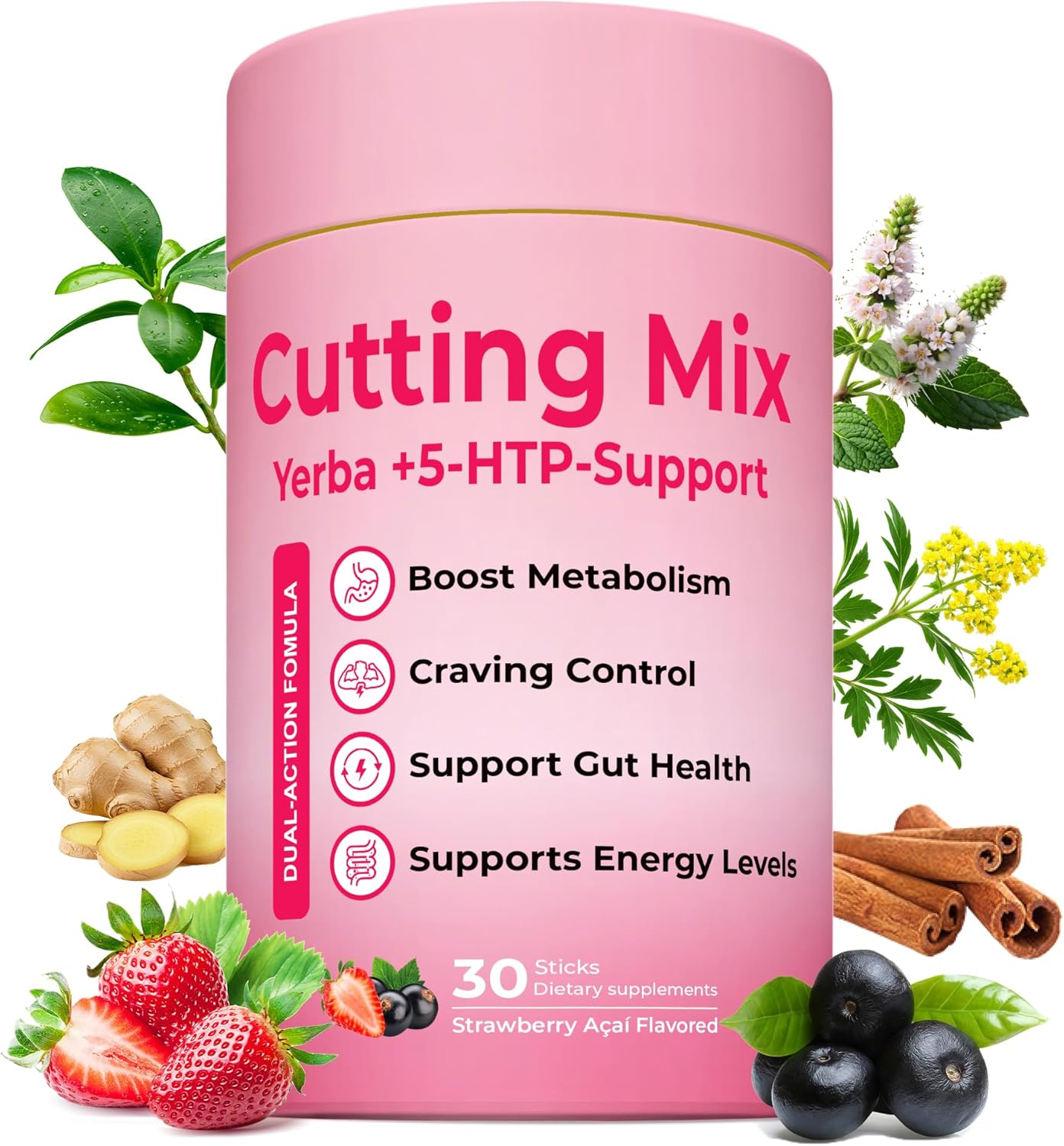 Cutting Drink Mix – Supports Digestive Health, Satiety Signaling & Natural Energy Formula with Berberine, Cinnamon, Chromium, 5-HTP, FOS & Yerba Mate | Strawberry Açaí Flavor (30 Servings)