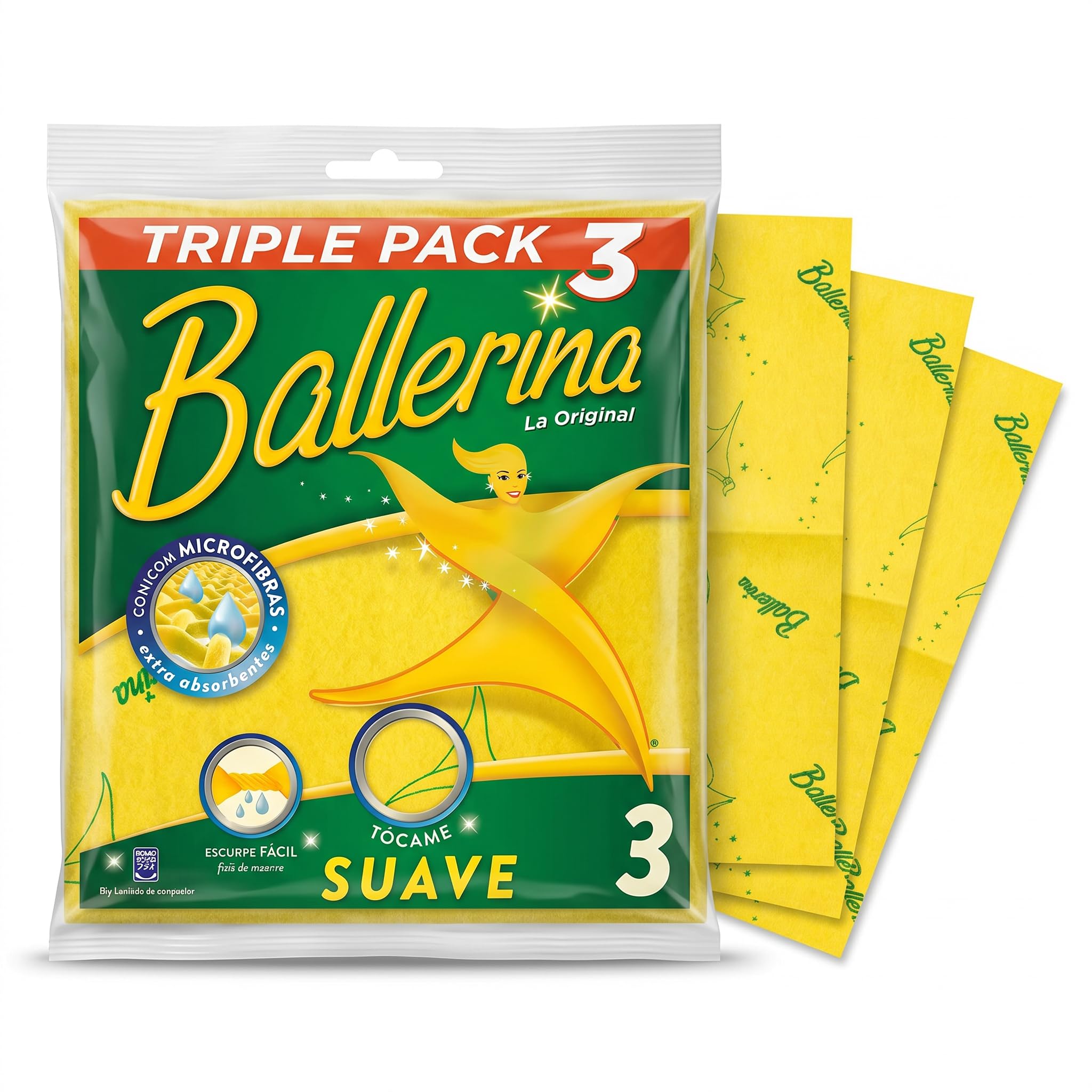 Ballerina Bayeta Amarilla Original | Desde 1986 | 35x35 | Alta Absorción | Lavable a 60° con Lejía | Pack 3 Unidades