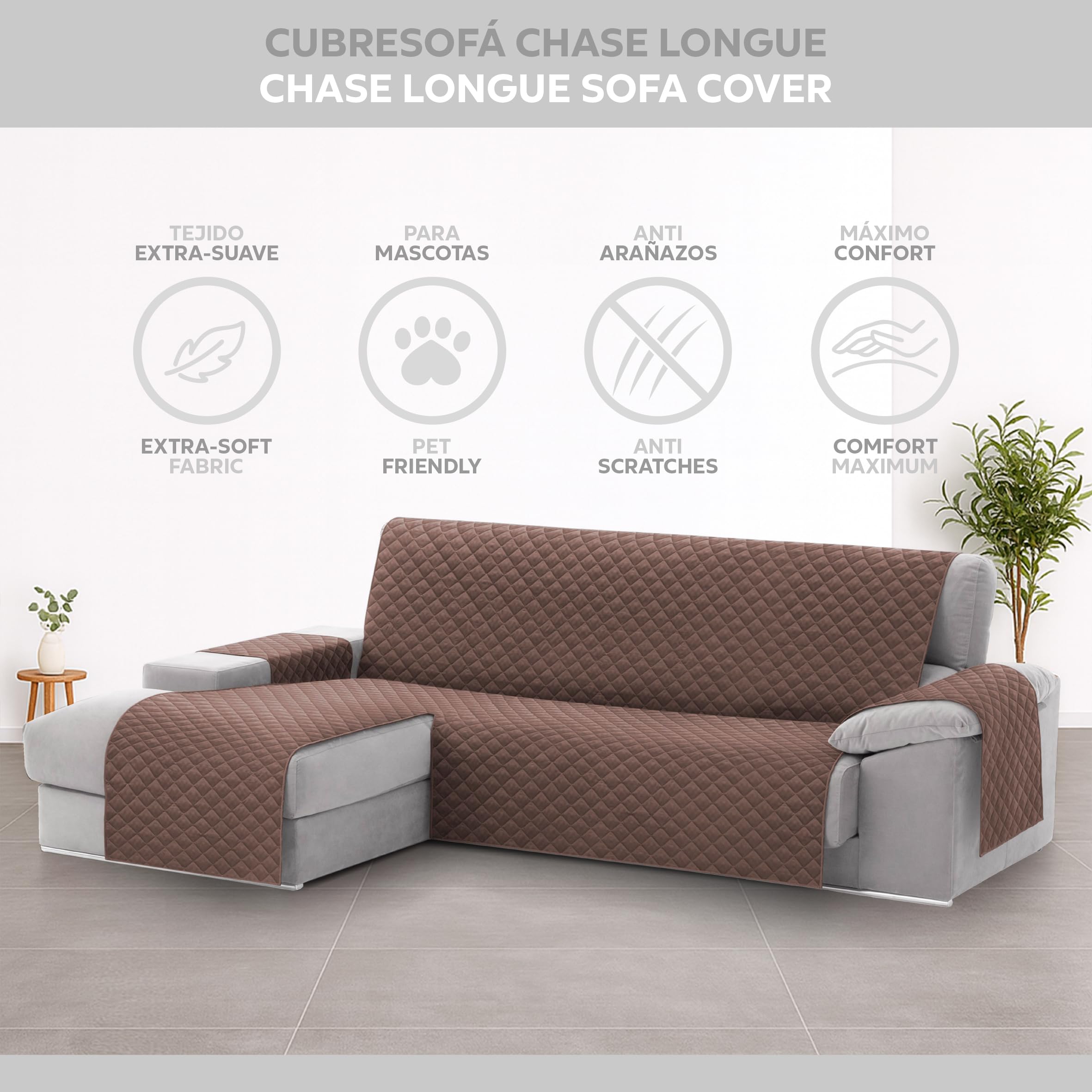 Textilhome Copridivano Chaise Longue con Penisola Malu 240cm – Salvadivano Trapuntato Universale con Bracciolo Sinistro, Protezione per Animali Domestici, Colore Marrone (Visto da Davanti)