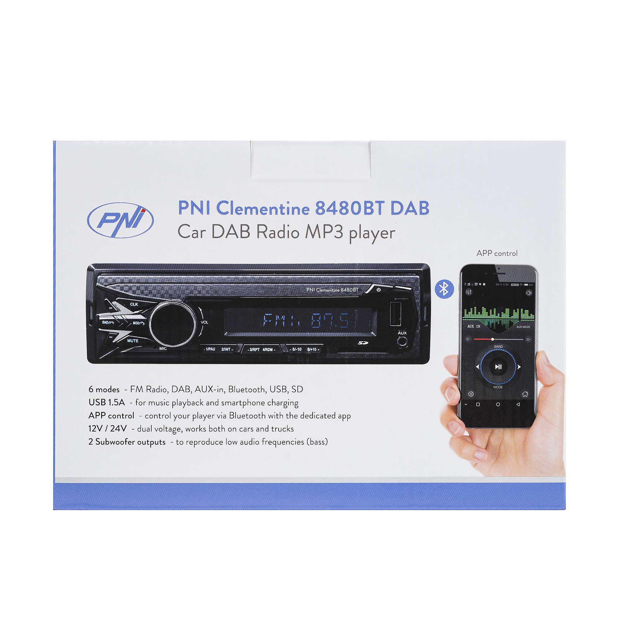 Dab Autoradio MP3 Reproductor de Coche PNI Clementine 8480BT 4x45w, 12 / 24V, 1 DIN, con SD, USB, AUX, RCA, Bluetooth y USB 1.5A para Cargar el teléfono