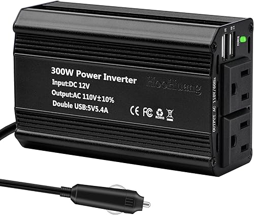 Inversor de corriente de 300 W, 12 V CC a 110 V CA Adaptador de enchufe dual para automóvil, convertidor de salida de adaptador de enchufe doble,