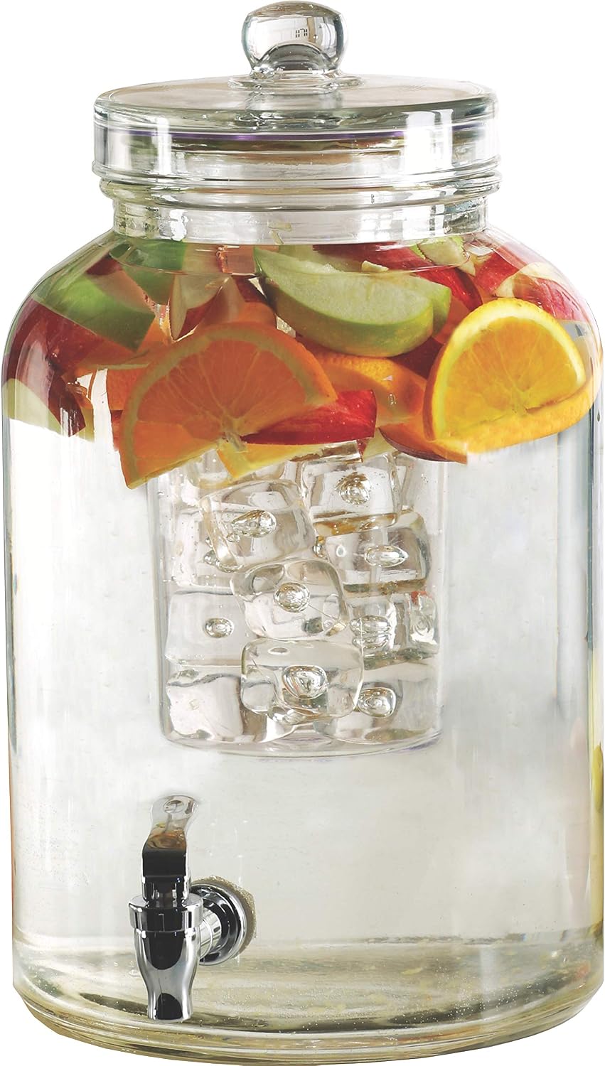 Circleware Brington Glass Beverage Dispenser with Ice Insert and Fruit Infuser, Kitchen Entertainment Glassware Pitcher for Water, Juice, Wine, Ice Tea, Kombucha & Cold Drinks, 2.6 Gallon, Clear