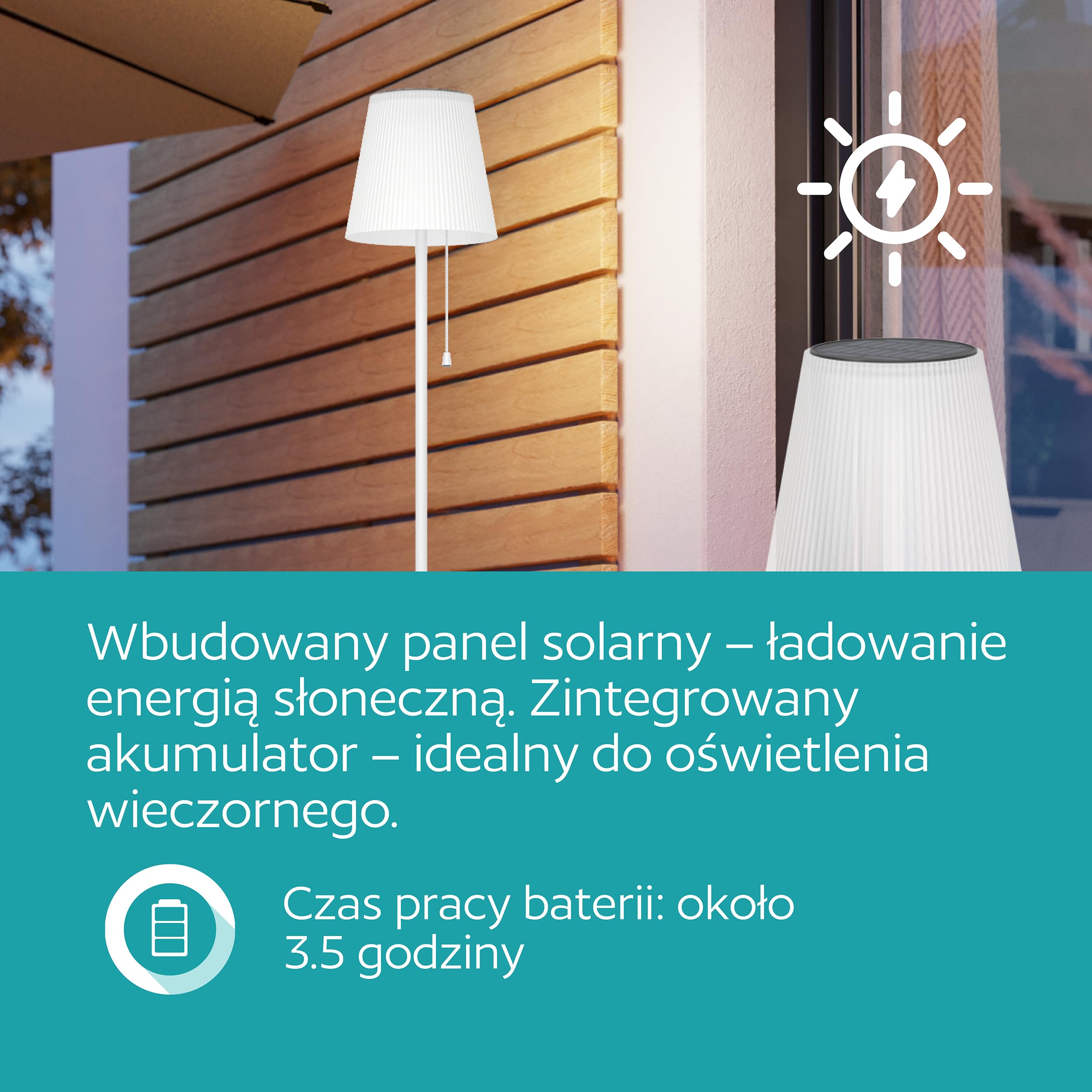 EGLO Scordiano Solarna lampa stojąca na baterie, z przełącznikiem linkowym | bezprzewodowa, do użytku wewnątrz i zewnątrz, stal tworzywo sztuczne w kolorze białym, ciepła biel-zimna biel, IP44