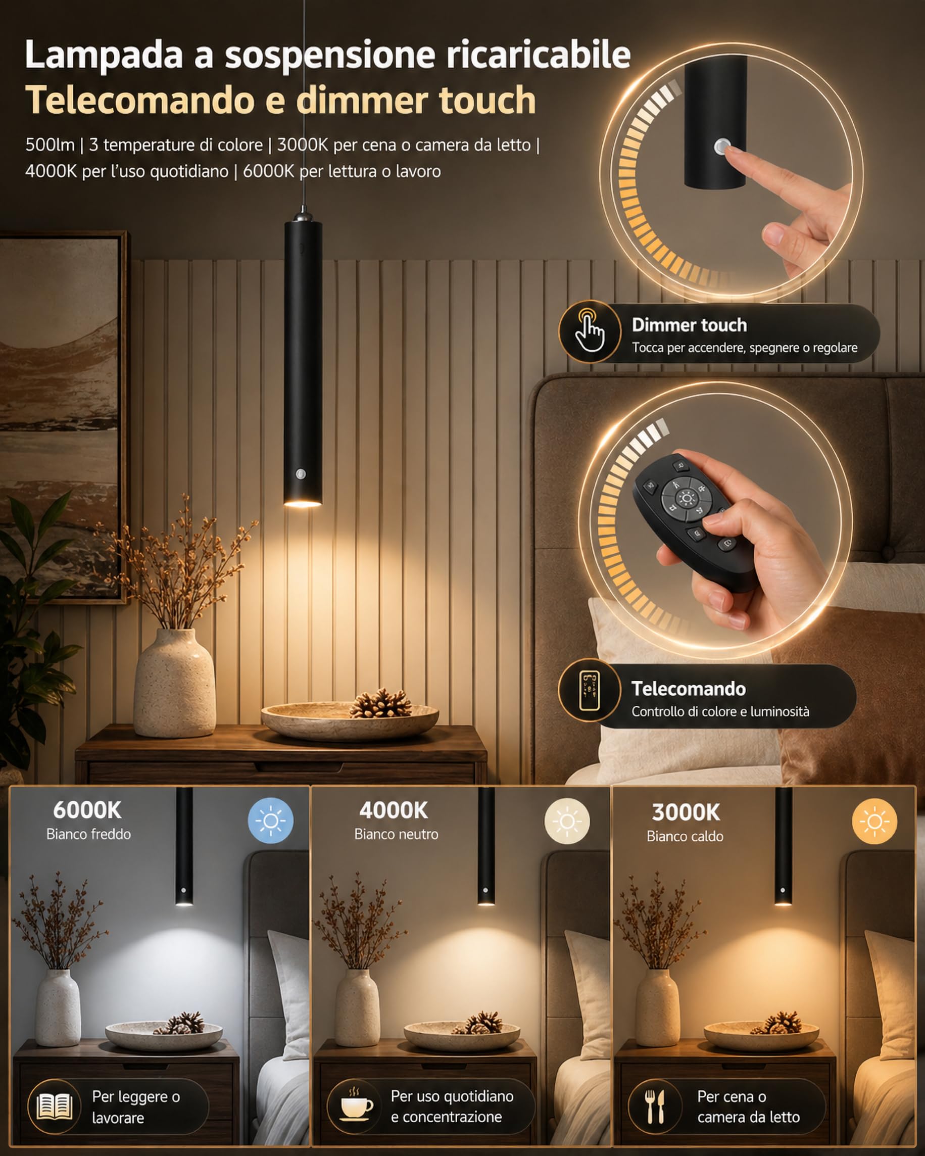 ACMHNC Lampada a Sospensione a Batteria Senza Fili,5W LED Sospensione Ricaricabile USB-C 4500mAh con Telecomando,Dimmerabile 3000K/4000K/6000K, Timer,Lampadario Camera da Letto Cucina, Nero,Ø4x30cm