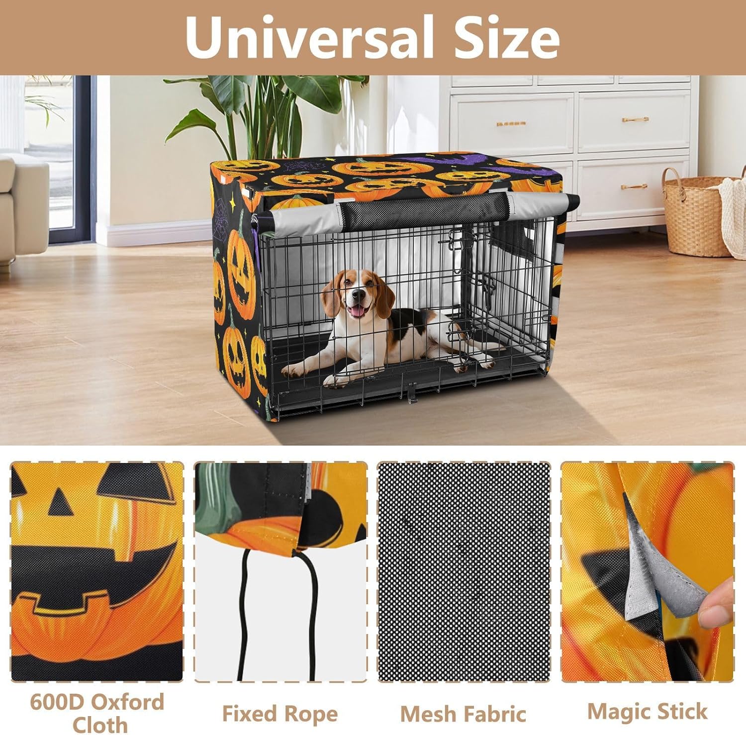 Halloween Pumpkins Bat Dog Crate Covers S-XL Washable Pet Cage Cover with Openings, Reduces Barking, Large