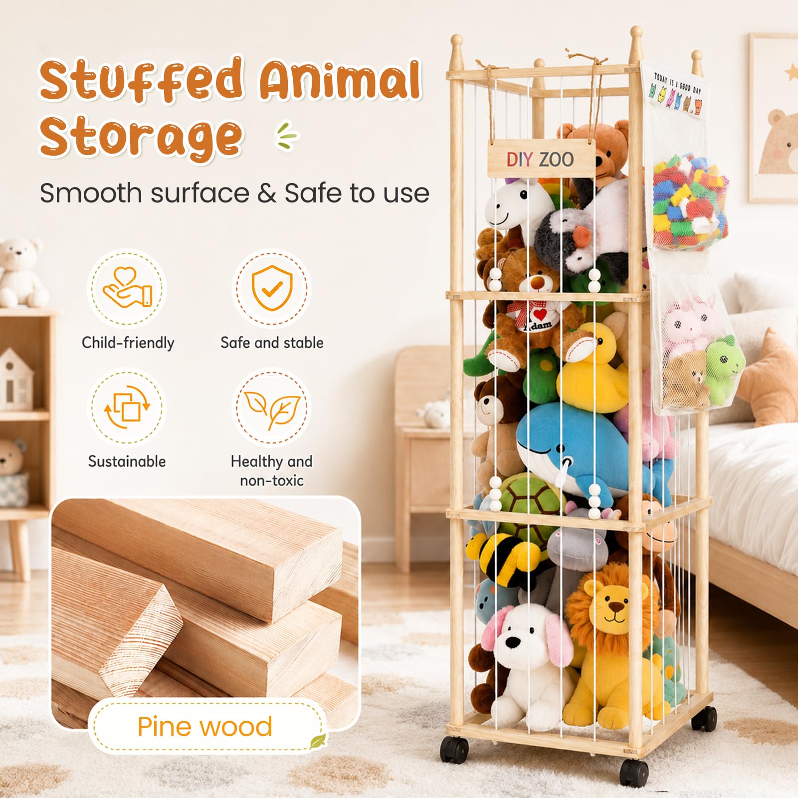 Porta Peluche in Legno Massello, Portapeluche con Ruote Frenate a 360°,138 * 40 * 40cm, Conserva e Protegge i Peluche, per le Camere dei Bambini, le Sale Giochi, i Soggiorni Con borsa portaoggetti