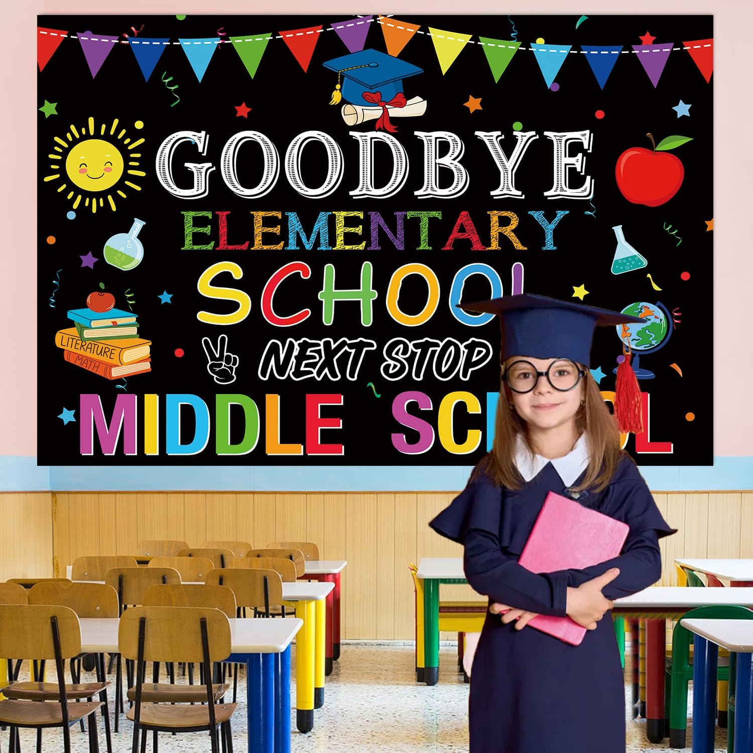 Goodbye Elementary School Next Stop Middle School Backdrop Primary School Graduation Backgrund Class of 2026 Graduation Party Decorations School Classroom Banner Supplies (8x6FT: 96x72 inch)