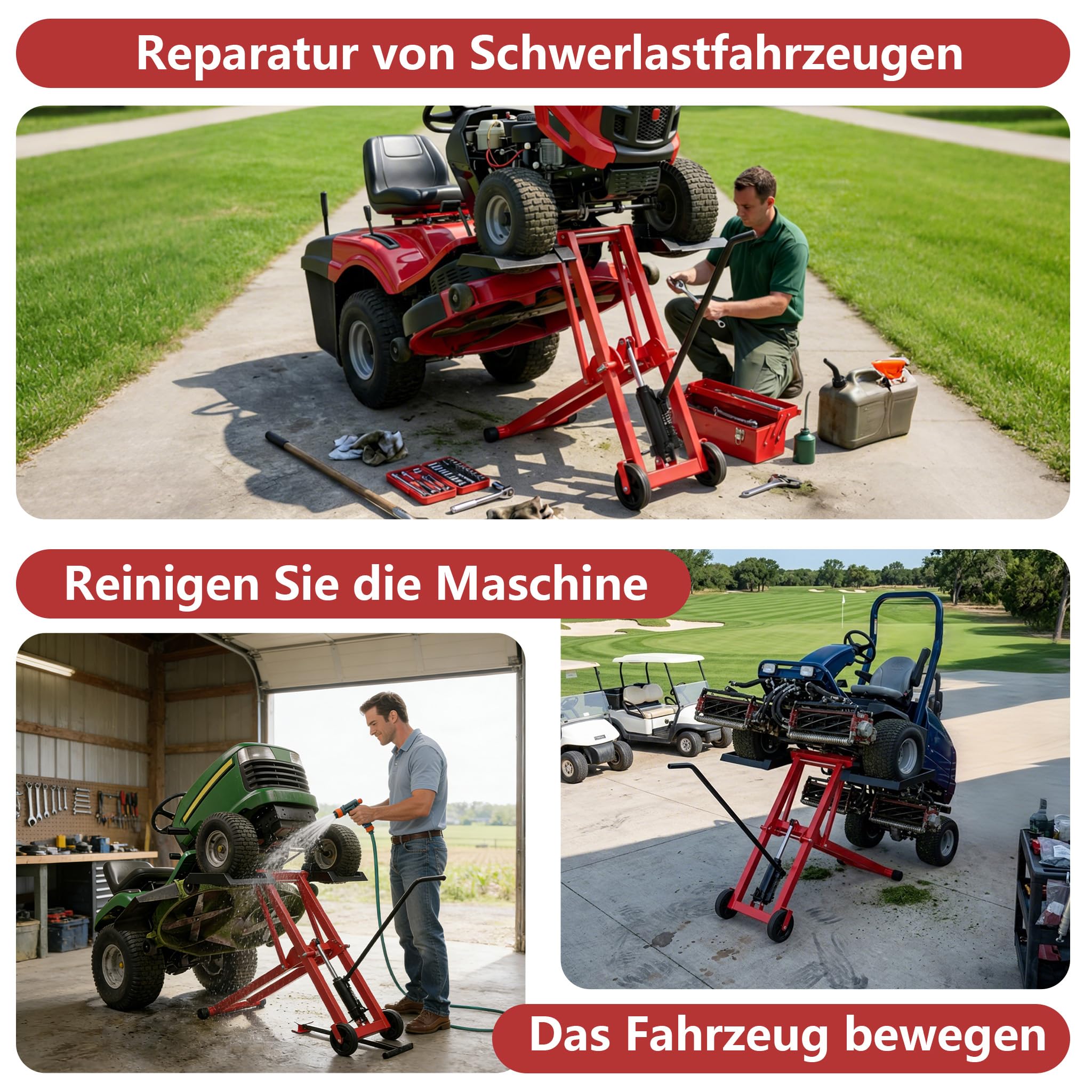 Aufun Rasentraktor-Hebebühne hydraulischer Wagenheber 227 kg Tragkraft Stahl PVC-Räder 12 cm Schwarz/Rot