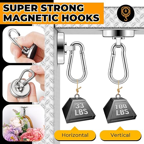 Miniatura 10 de VNDUEEY Ganchos magnéticos fuertes, 100 libras, paquete de 4 ganchos magnéticos de neodimio grado 52 resistentes con mosquetón giratorio para