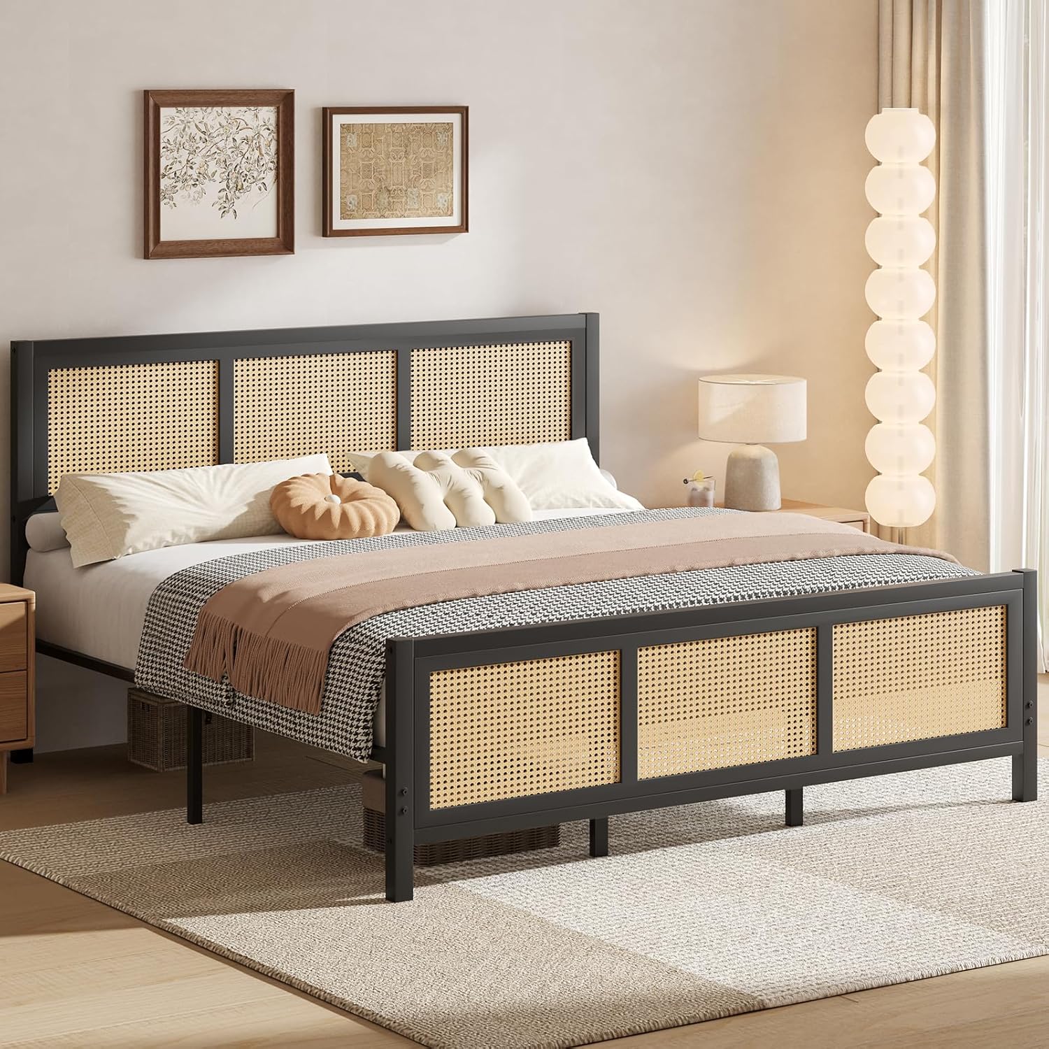 IMMERSTABLE Rattan King Size Bed Frame, Boho King Bed Frame and Headboard, Metal Platform Bed Frames King with Strong Slats Support, No Box Spring Needed, Noise Free, Easy Assembly, Black