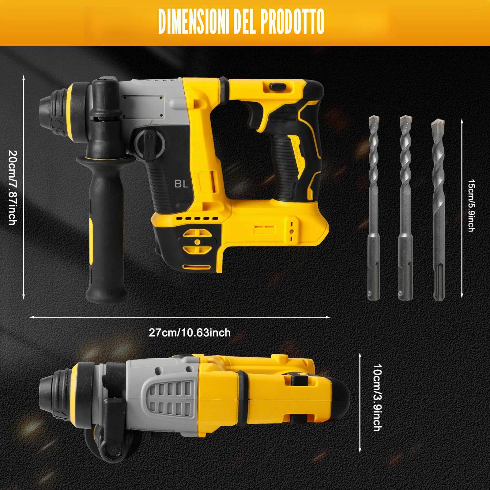 Roadtime 1250W Martello Combinato a Batteria e Trapano 2-in-1 Compatibile con DeWalt 20V (senza Batteria), Trapano Brushless 22 mm 3500 giri/min, Martello a Percussione da 3 J, Trapano Avvitatore